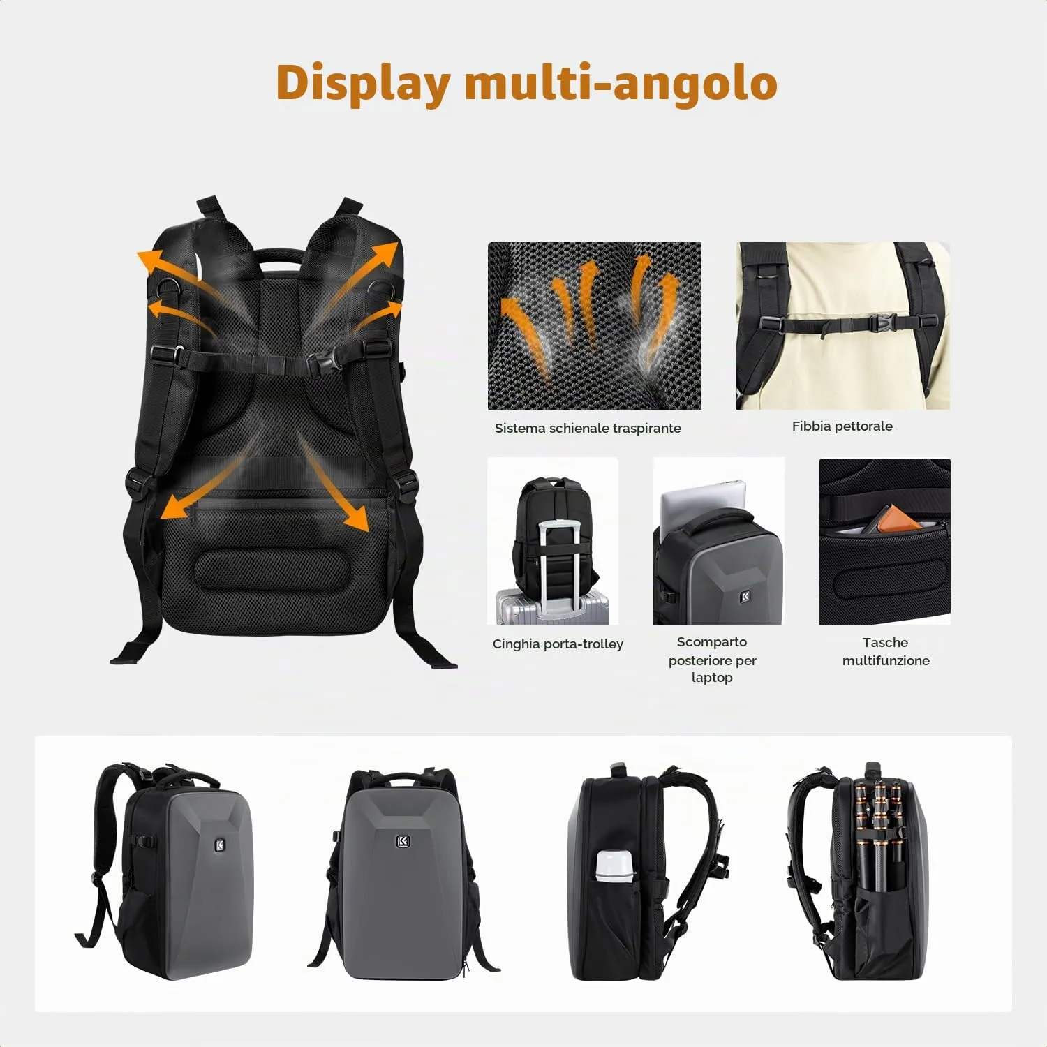 K&F Concept Zaino Fotografico Antiurto Impermeabile 44cm Grigio Scuro - immagine 4