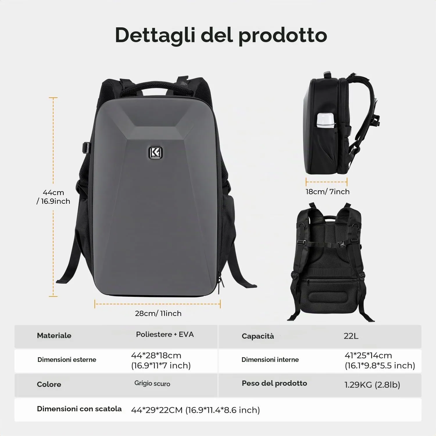 K&F Concept Zaino Fotografico Antiurto Impermeabile 44cm Grigio Scuro - immagine 7