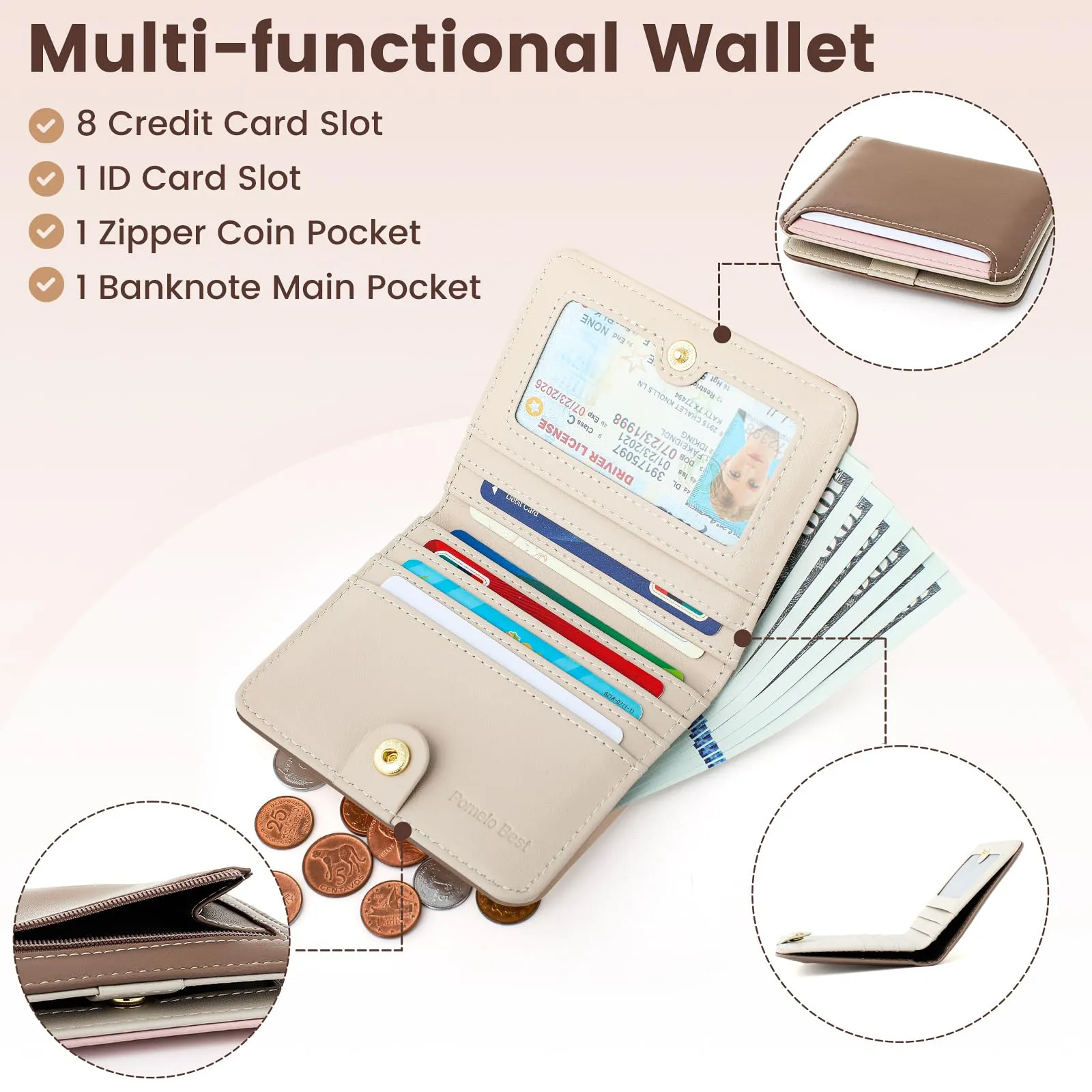 Pomelo Best Portafoglio da Donna Piccolo in Pelle PU con Blocco RFID, Kaki - immagine 2