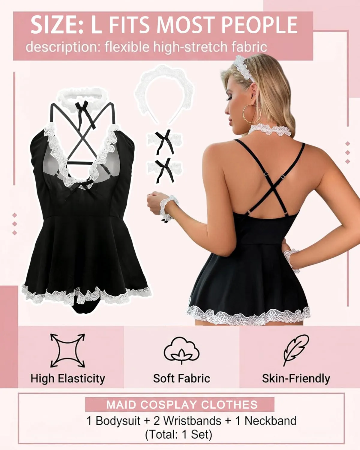 JEXOWIQ Costume da Cameriera Francese in Pizzo con Perizoma, Minigonna e Accessori per Cosplay e Halloween - immagine 2