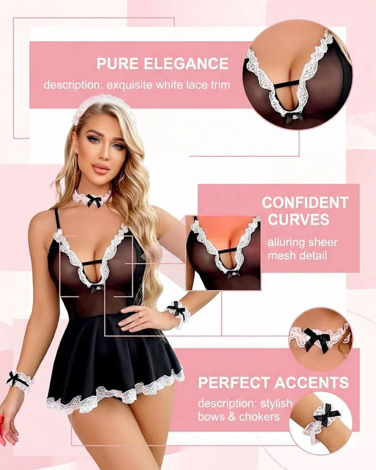 JEXOWIQ Costume da Cameriera Francese in Pizzo con Perizoma, Minigonna e Accessori per Cosplay e Halloween - immagine 3