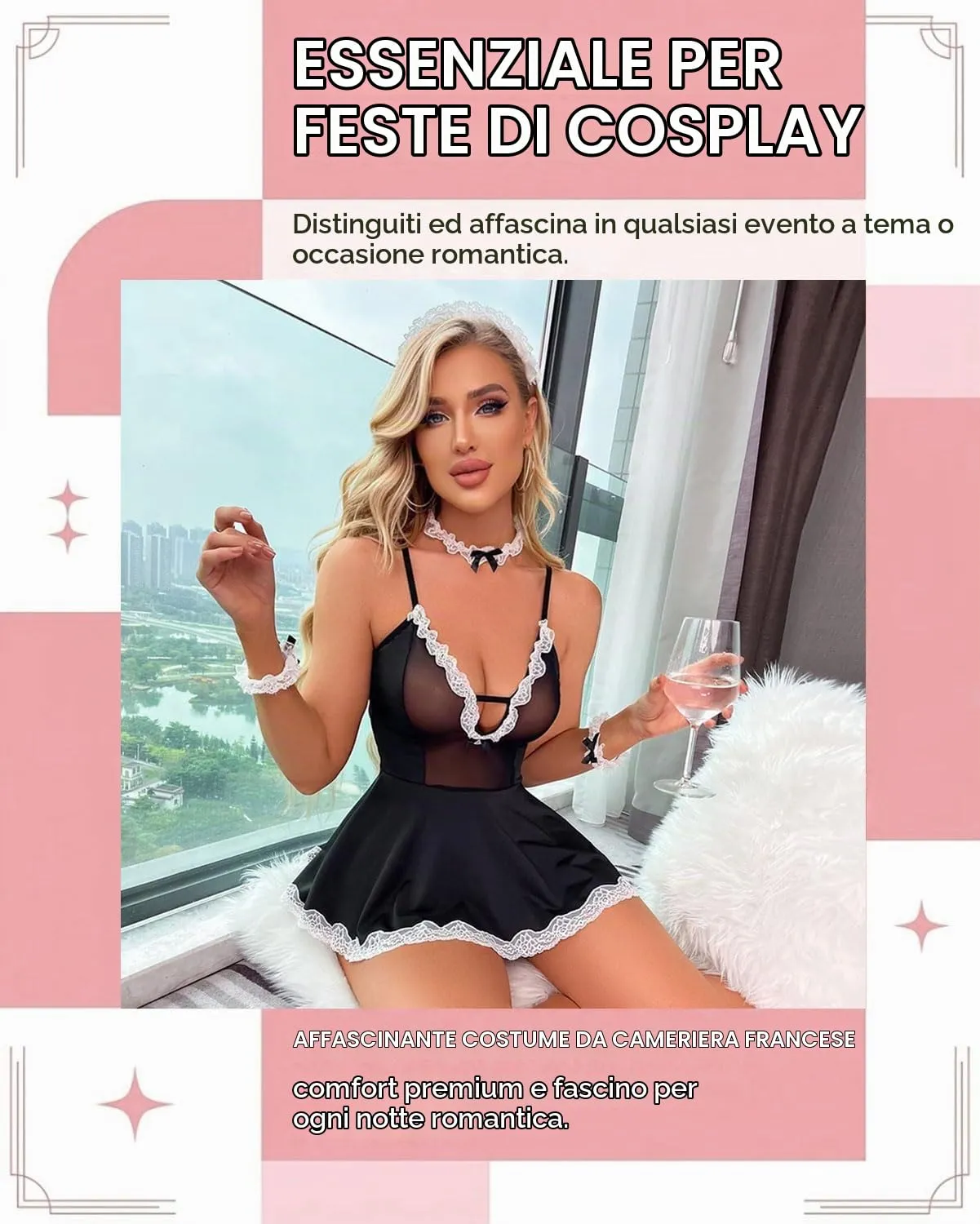 JEXOWIQ Costume da Cameriera Francese in Pizzo con Perizoma, Minigonna e Accessori per Cosplay e Halloween - immagine 5