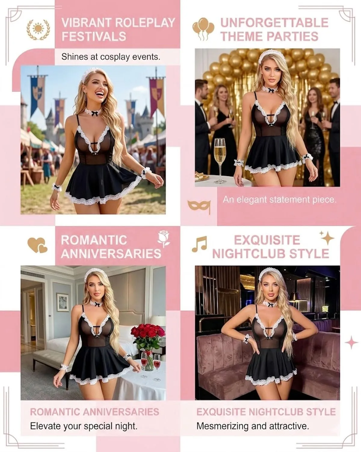 JEXOWIQ Costume da Cameriera Francese in Pizzo con Perizoma, Minigonna e Accessori per Cosplay e Halloween - immagine 6