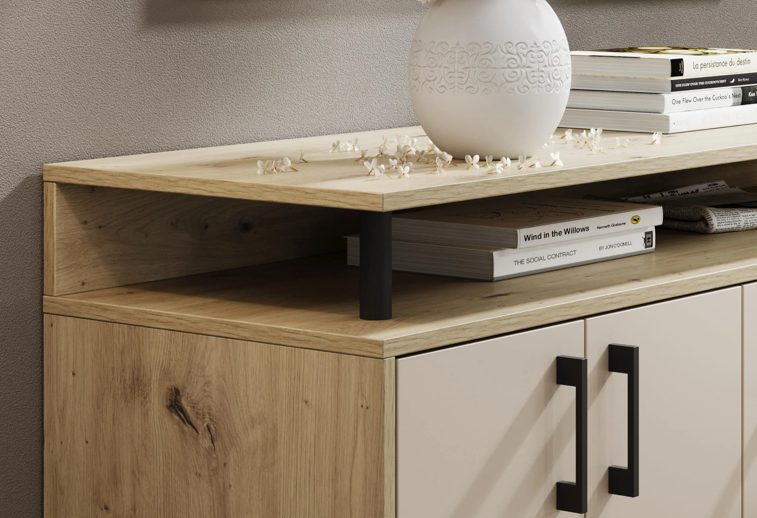 AVANTI TRENDSTORE Doro - Cassettiera da ingresso con 4 ante e 3 cassetti in legno truciolare, 139x90x34 cm - immagine 7