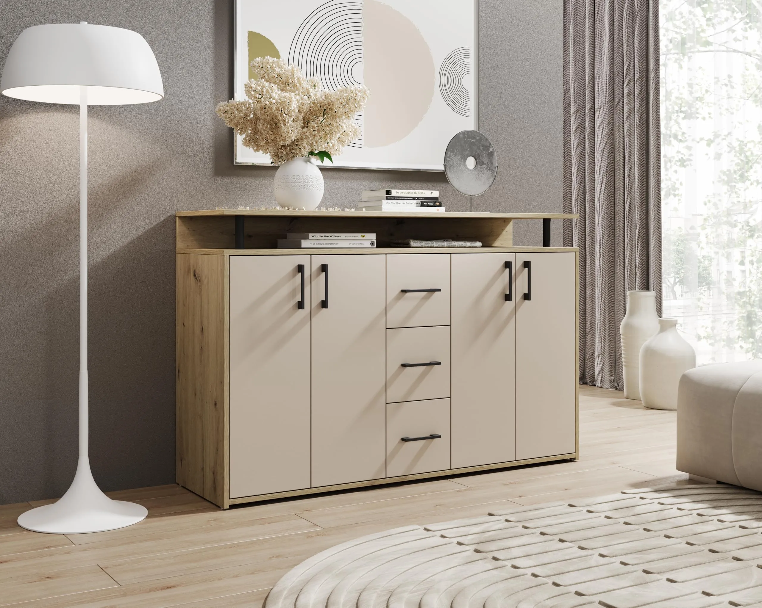 AVANTI TRENDSTORE Doro - Cassettiera da ingresso con 4 ante e 3 cassetti in legno truciolare, 139x90x34 cm - immagine 8