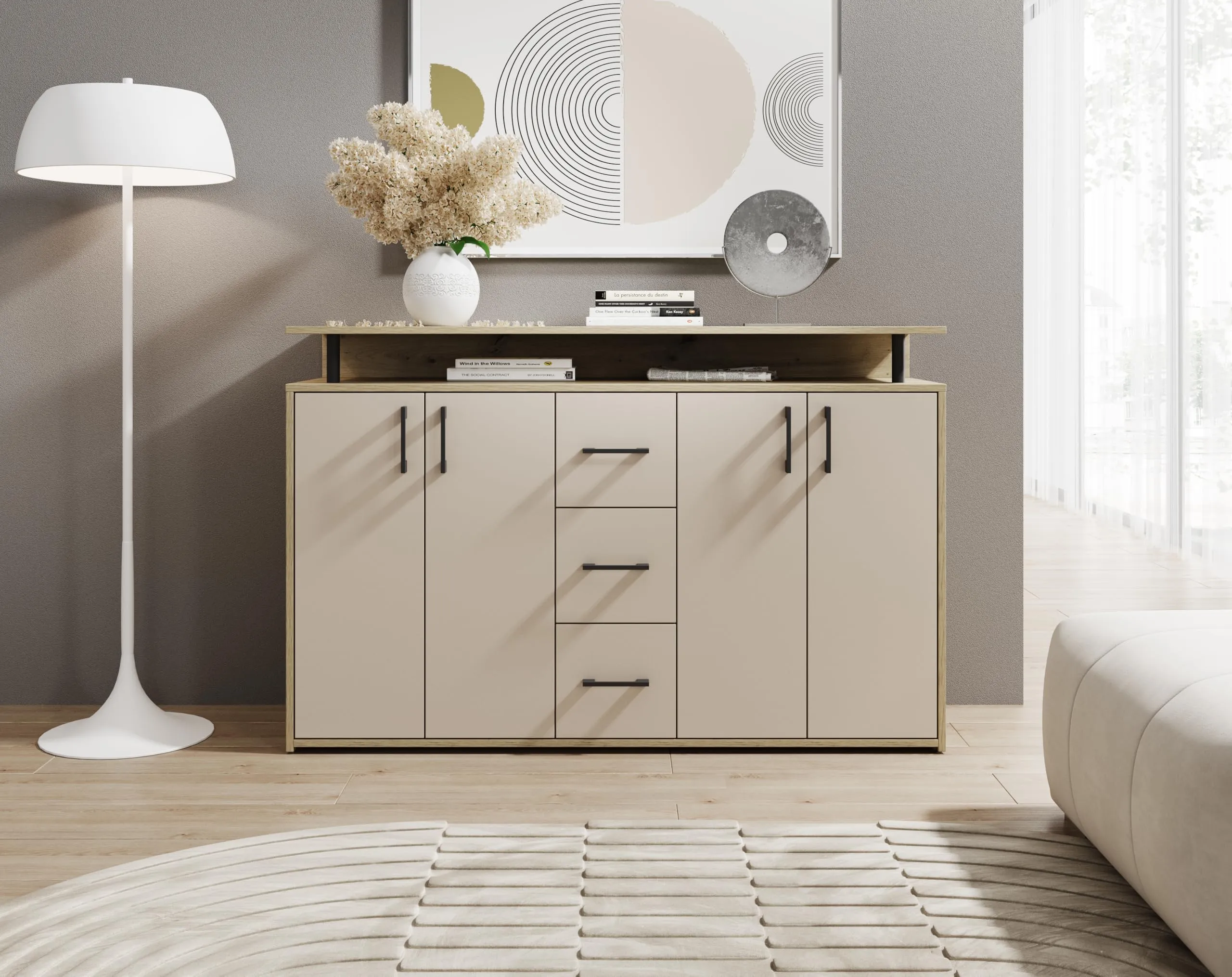 AVANTI TRENDSTORE Doro - Cassettiera da ingresso con 4 ante e 3 cassetti in legno truciolare, 139x90x34 cm - immagine 9