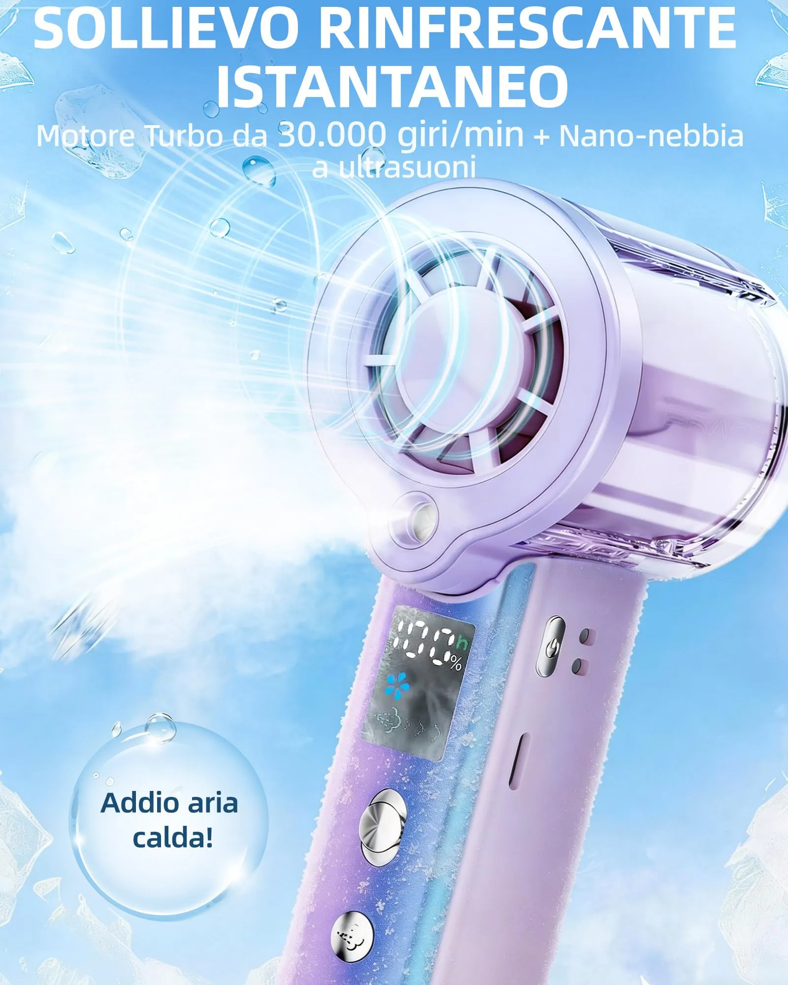 Carehabi Ventilatore Portatile con Nebulizzatore, USB Ricaricabile 3000mAh, Display LED, 1-100 Velocità 16000 RPM, Pieghevole 115 Gradi con Cordino da Collo - immagine 2