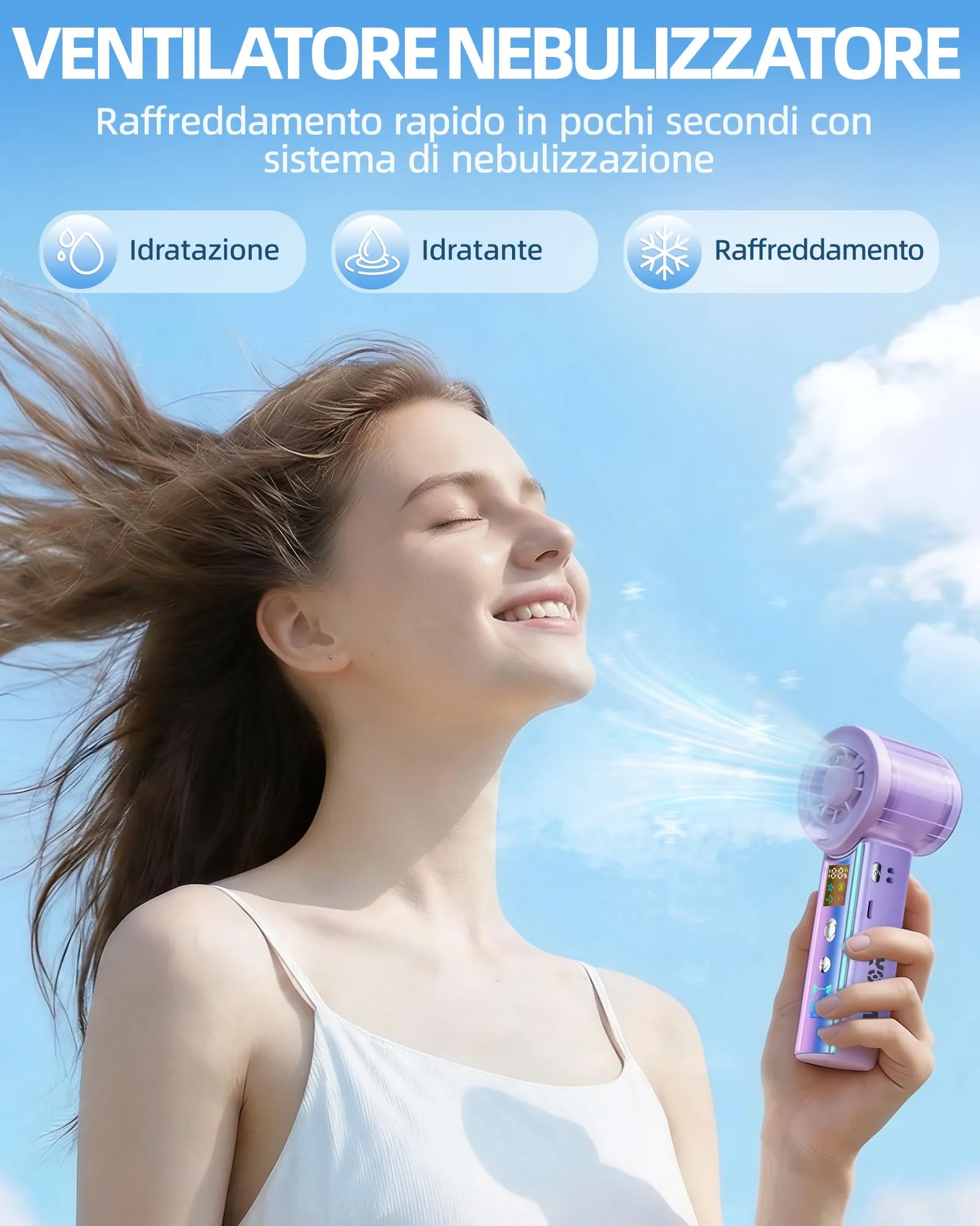 Carehabi Ventilatore Portatile con Nebulizzatore, USB Ricaricabile 3000mAh, Display LED, 1-100 Velocità 16000 RPM, Pieghevole 115 Gradi con Cordino da Collo - immagine 3