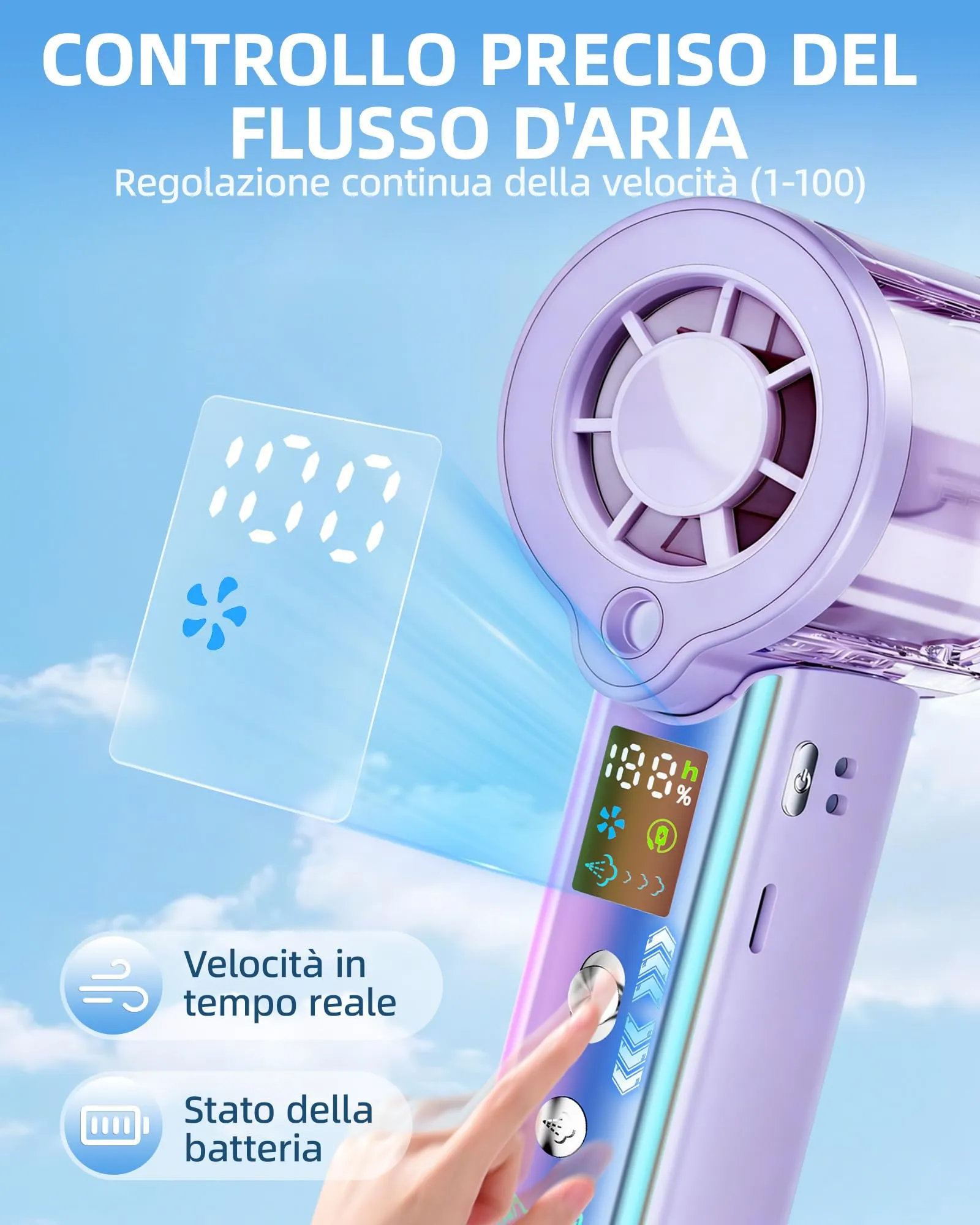 Carehabi Ventilatore Portatile con Nebulizzatore, USB Ricaricabile 3000mAh, Display LED, 1-100 Velocità 16000 RPM, Pieghevole 115 Gradi con Cordino da Collo - immagine 4