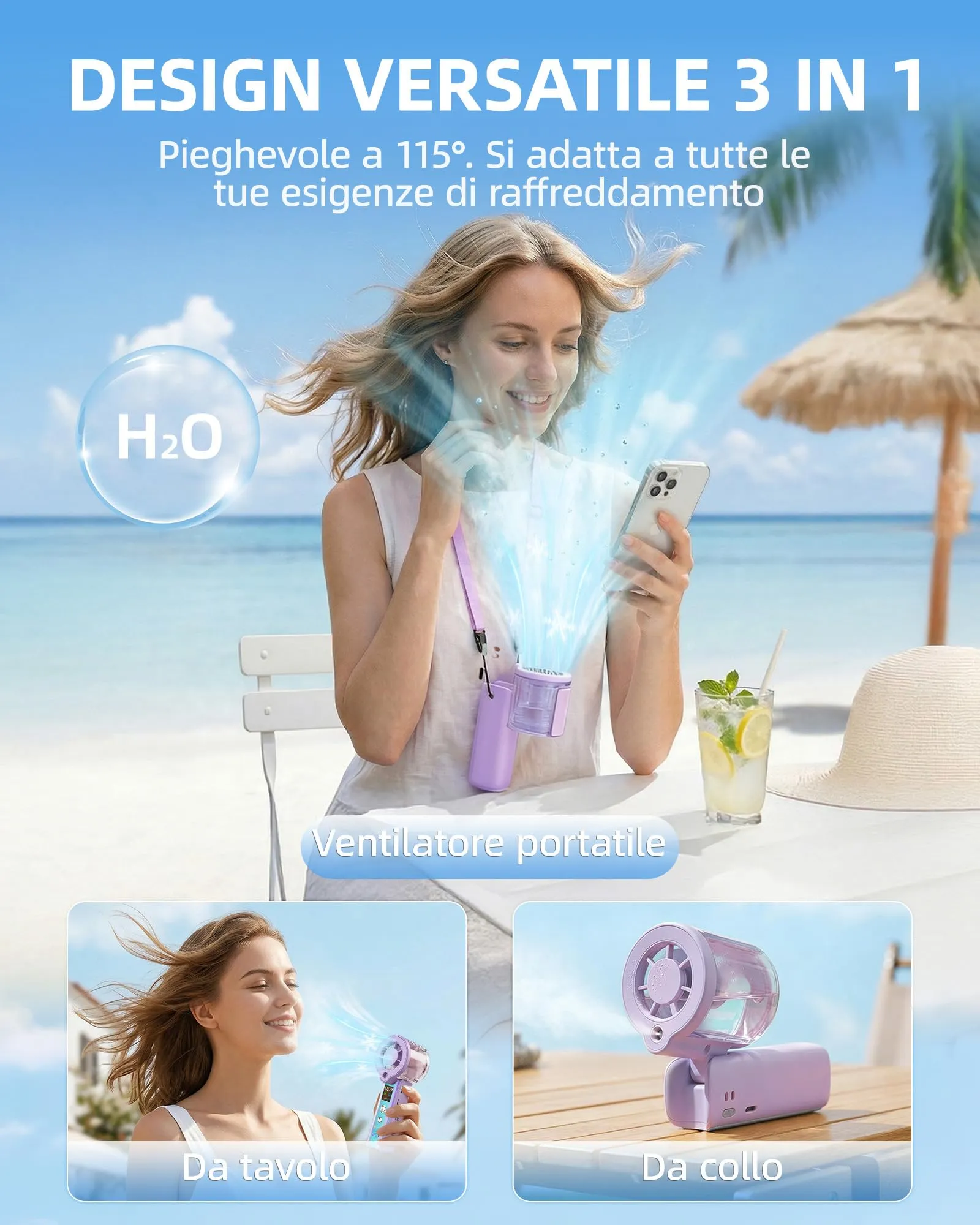Carehabi Ventilatore Portatile con Nebulizzatore, USB Ricaricabile 3000mAh, Display LED, 1-100 Velocità 16000 RPM, Pieghevole 115 Gradi con Cordino da Collo - immagine 5
