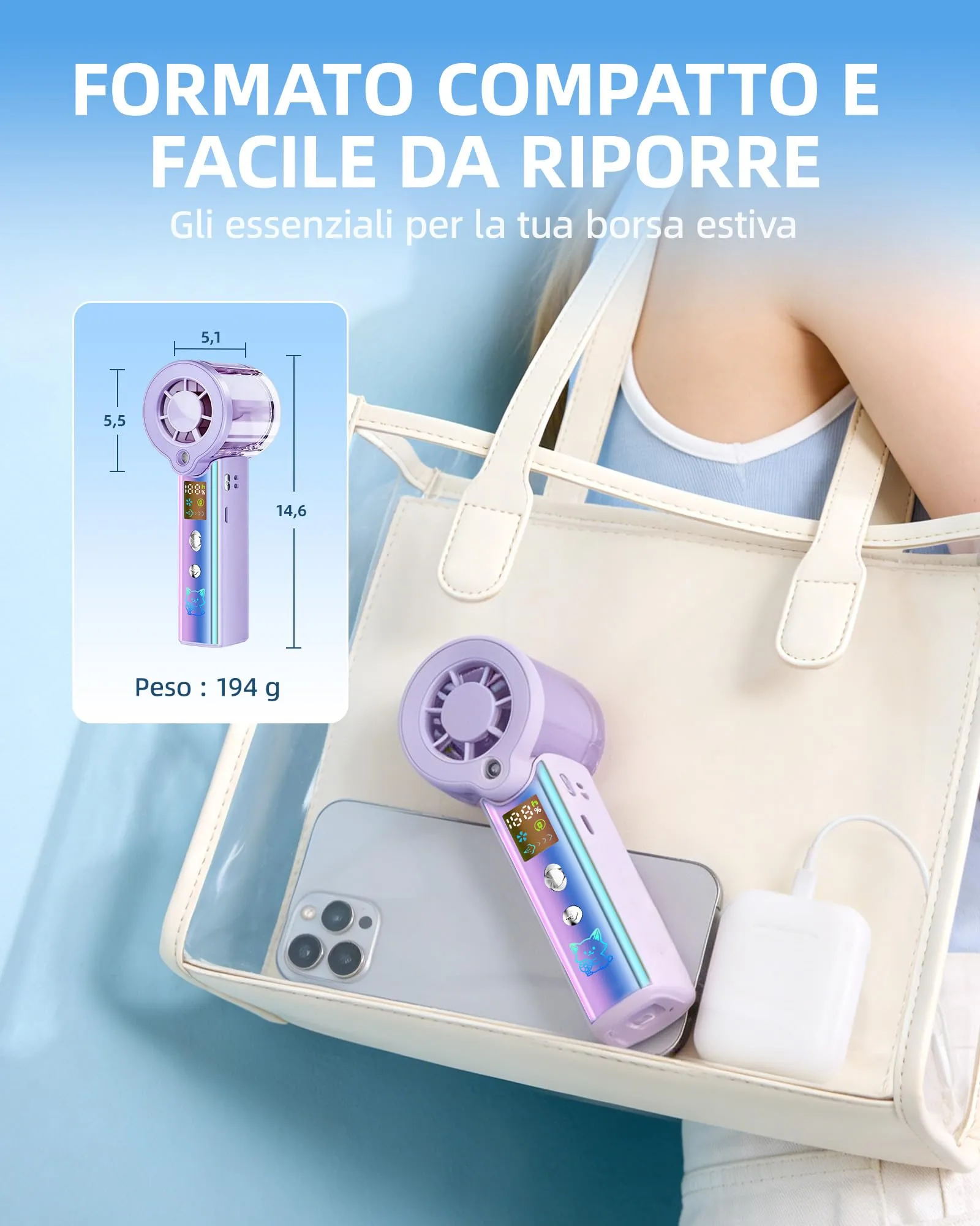 Carehabi Ventilatore Portatile con Nebulizzatore, USB Ricaricabile 3000mAh, Display LED, 1-100 Velocità 16000 RPM, Pieghevole 115 Gradi con Cordino da Collo - immagine 8