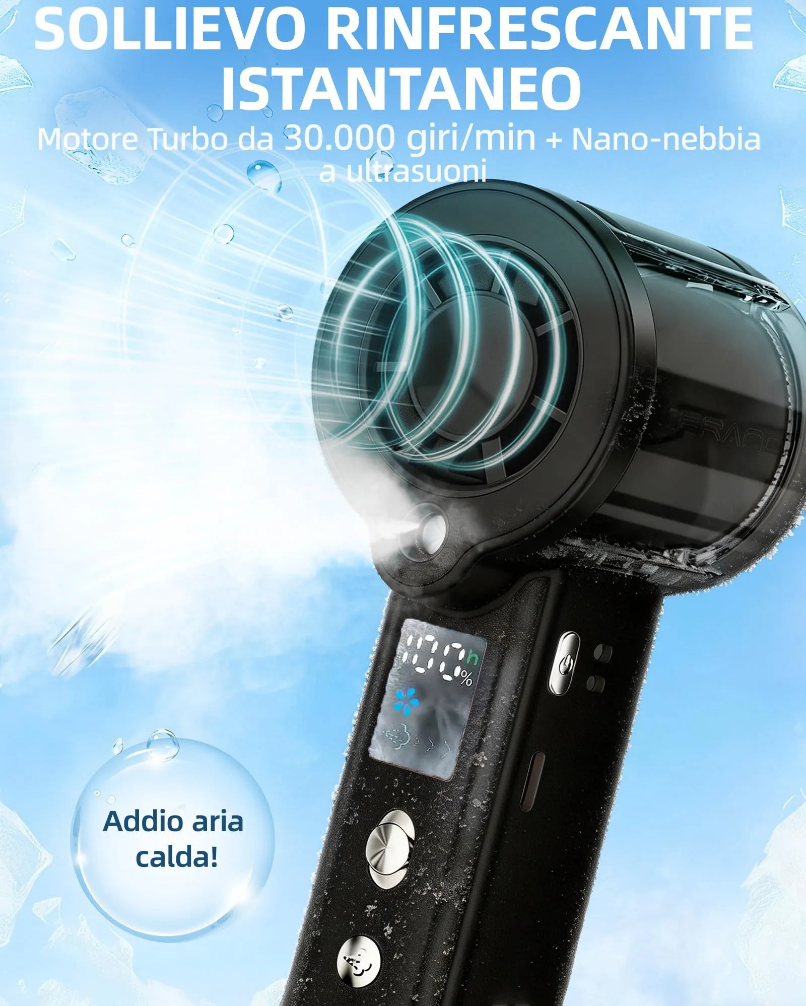 Carehabi Ventilatore Portatile con Nebulizzatore, USB Ricaricabile 3000mAh, Display LED, 1-100 Velocità, 16000 RPM, Pieghevole 115 Gradi con Cordino da Collo - immagine 2