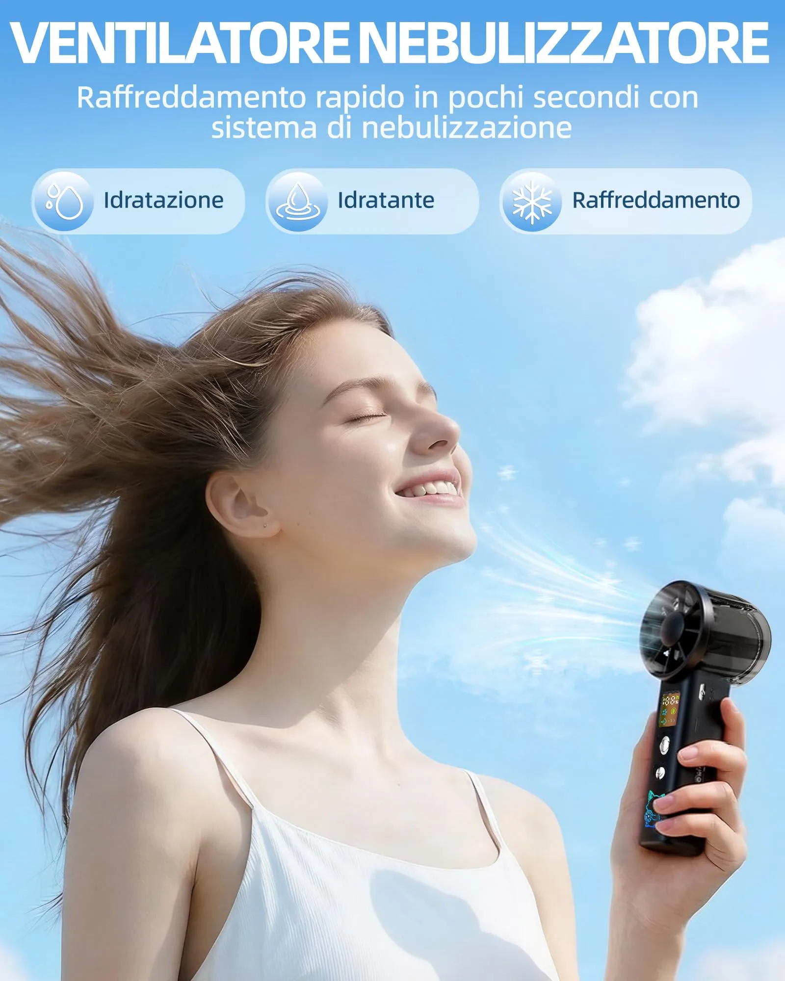 Carehabi Ventilatore Portatile con Nebulizzatore, USB Ricaricabile 3000mAh, Display LED, 1-100 Velocità, 16000 RPM, Pieghevole 115 Gradi con Cordino da Collo - immagine 3