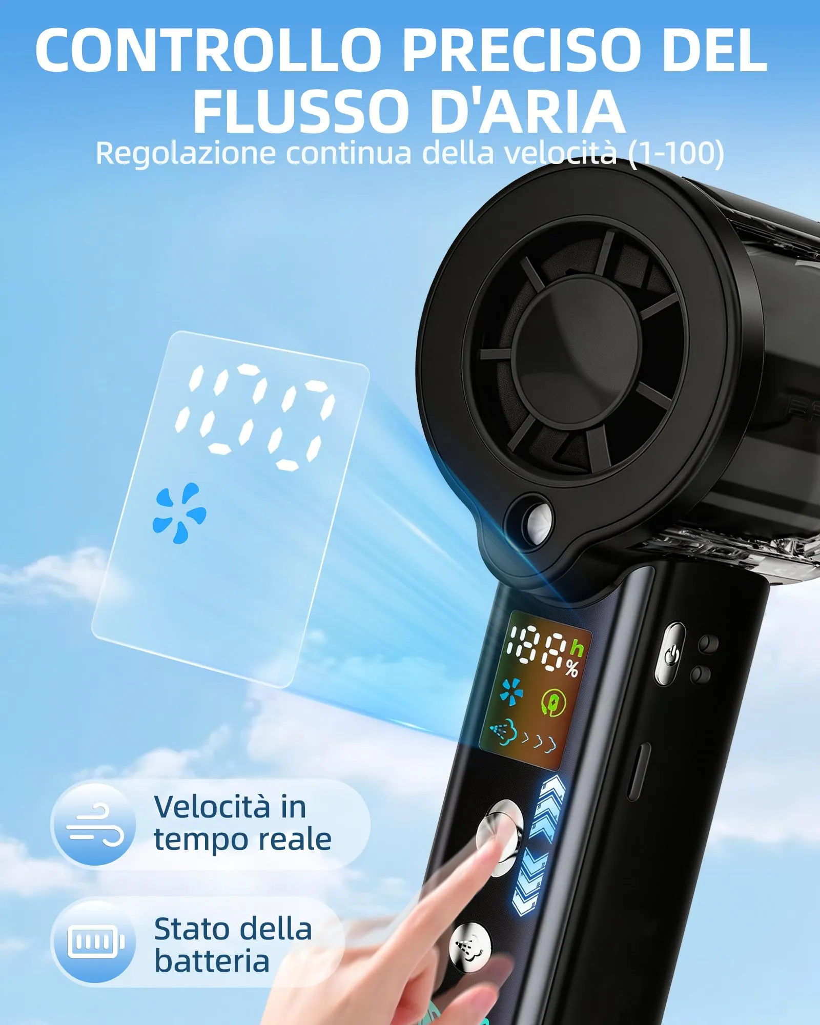 Carehabi Ventilatore Portatile con Nebulizzatore, USB Ricaricabile 3000mAh, Display LED, 1-100 Velocità, 16000 RPM, Pieghevole 115 Gradi con Cordino da Collo - immagine 4