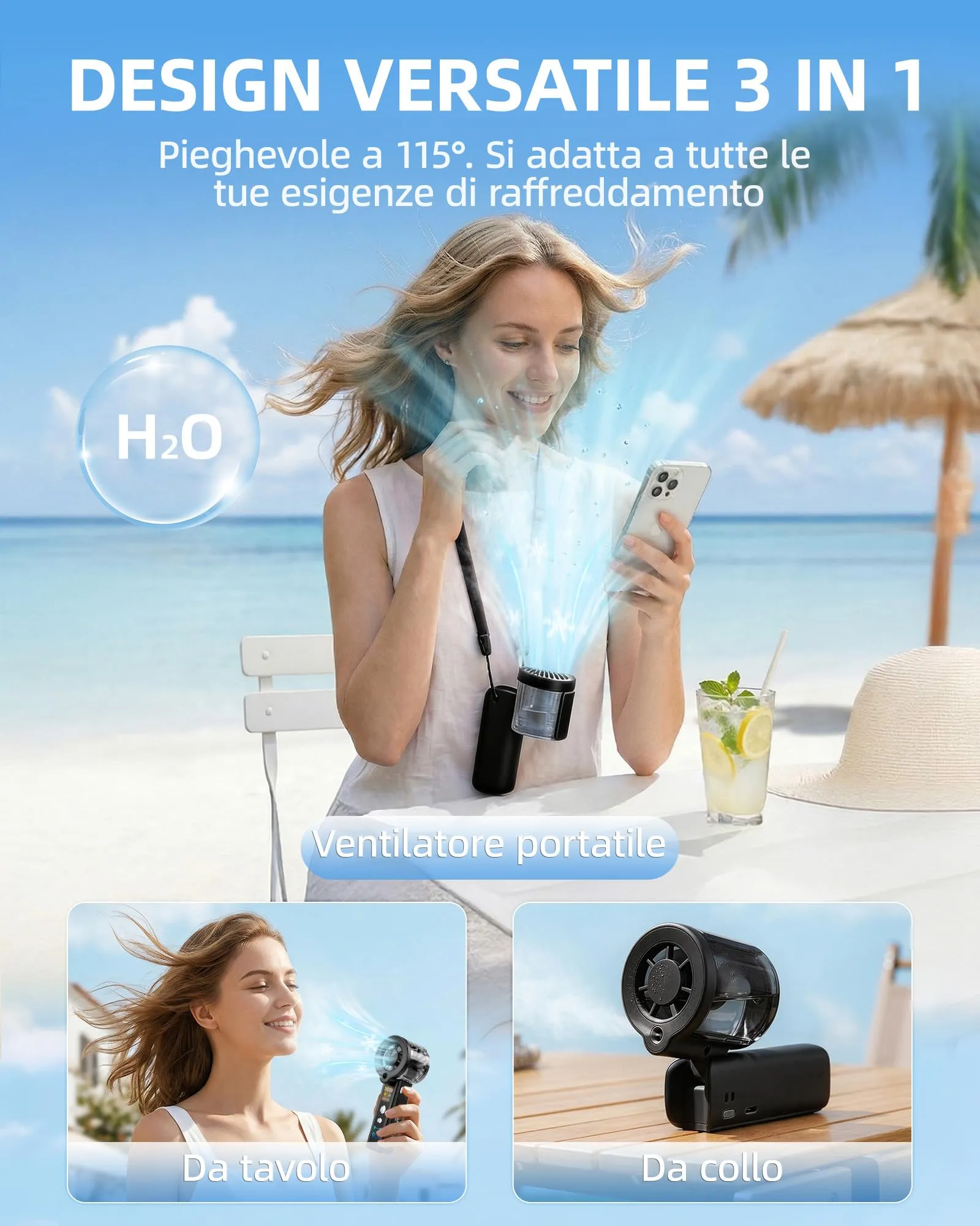 Carehabi Ventilatore Portatile con Nebulizzatore, USB Ricaricabile 3000mAh, Display LED, 1-100 Velocità, 16000 RPM, Pieghevole 115 Gradi con Cordino da Collo - immagine 5