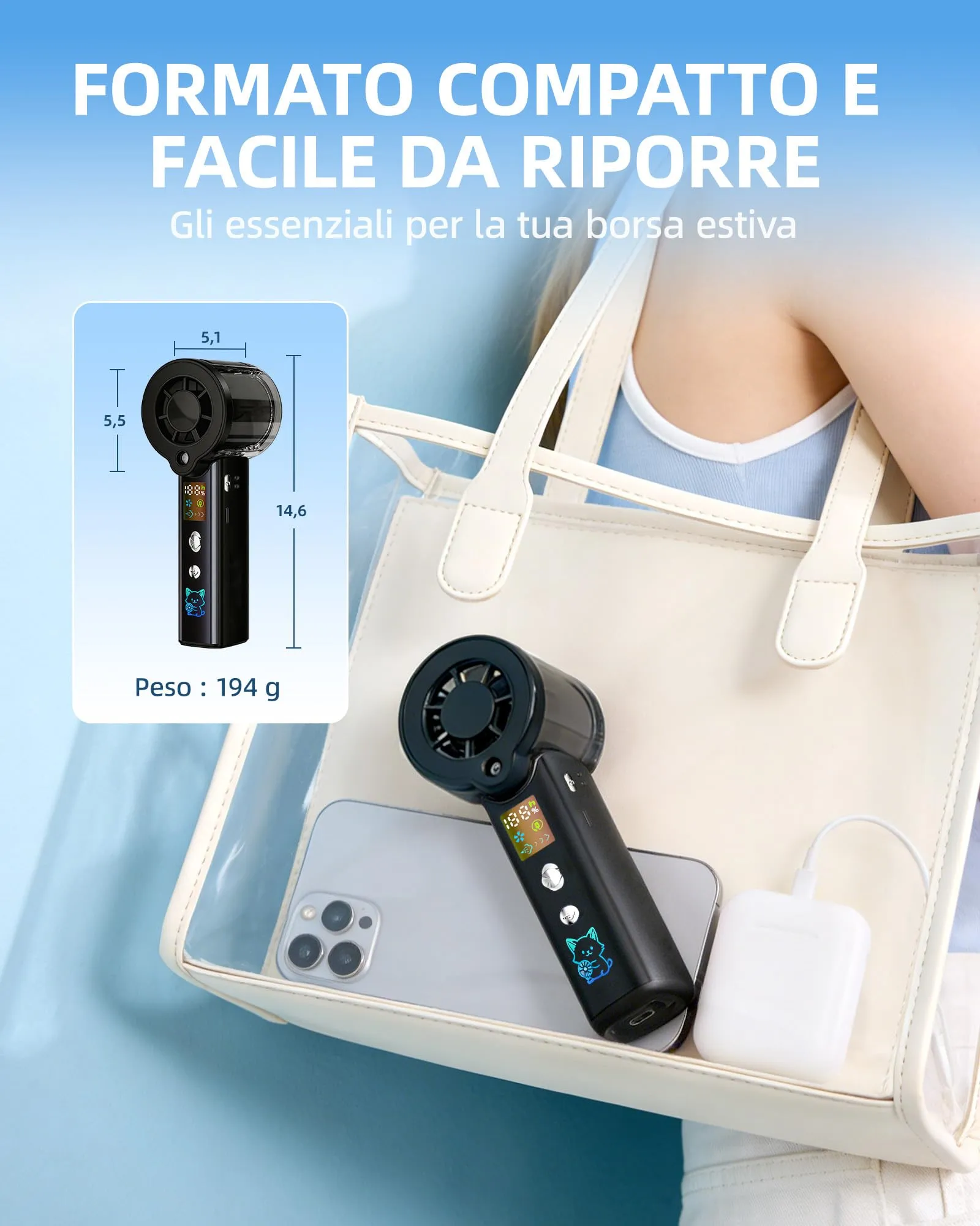 Carehabi Ventilatore Portatile con Nebulizzatore, USB Ricaricabile 3000mAh, Display LED, 1-100 Velocità, 16000 RPM, Pieghevole 115 Gradi con Cordino da Collo - immagine 8