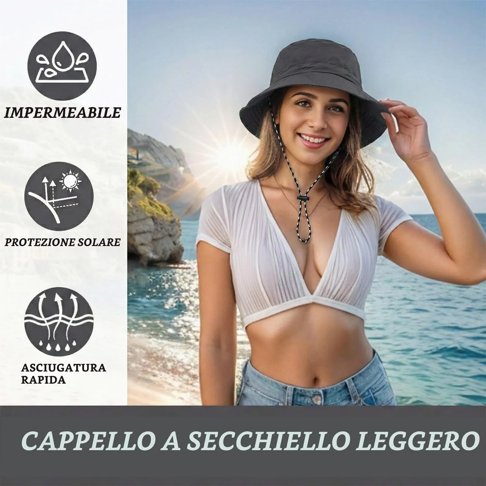 AIYVELU Cappello Safari Donna Bucket Hat Tesa Larga Impermeabile e Traspirante, Grigio - immagine 2