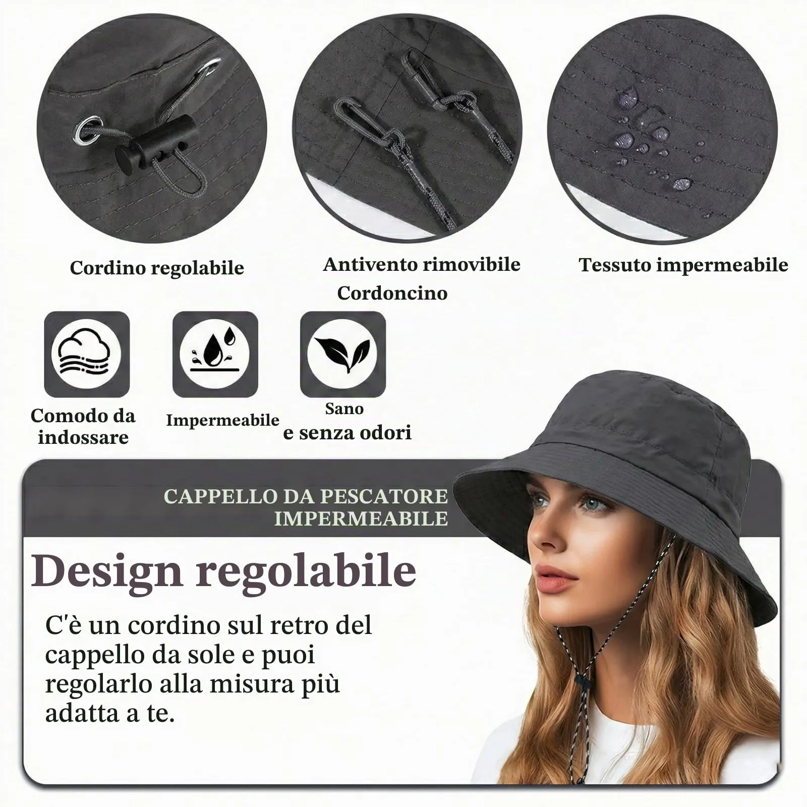 AIYVELU Cappello Safari Donna Bucket Hat Tesa Larga Impermeabile e Traspirante, Grigio - immagine 3