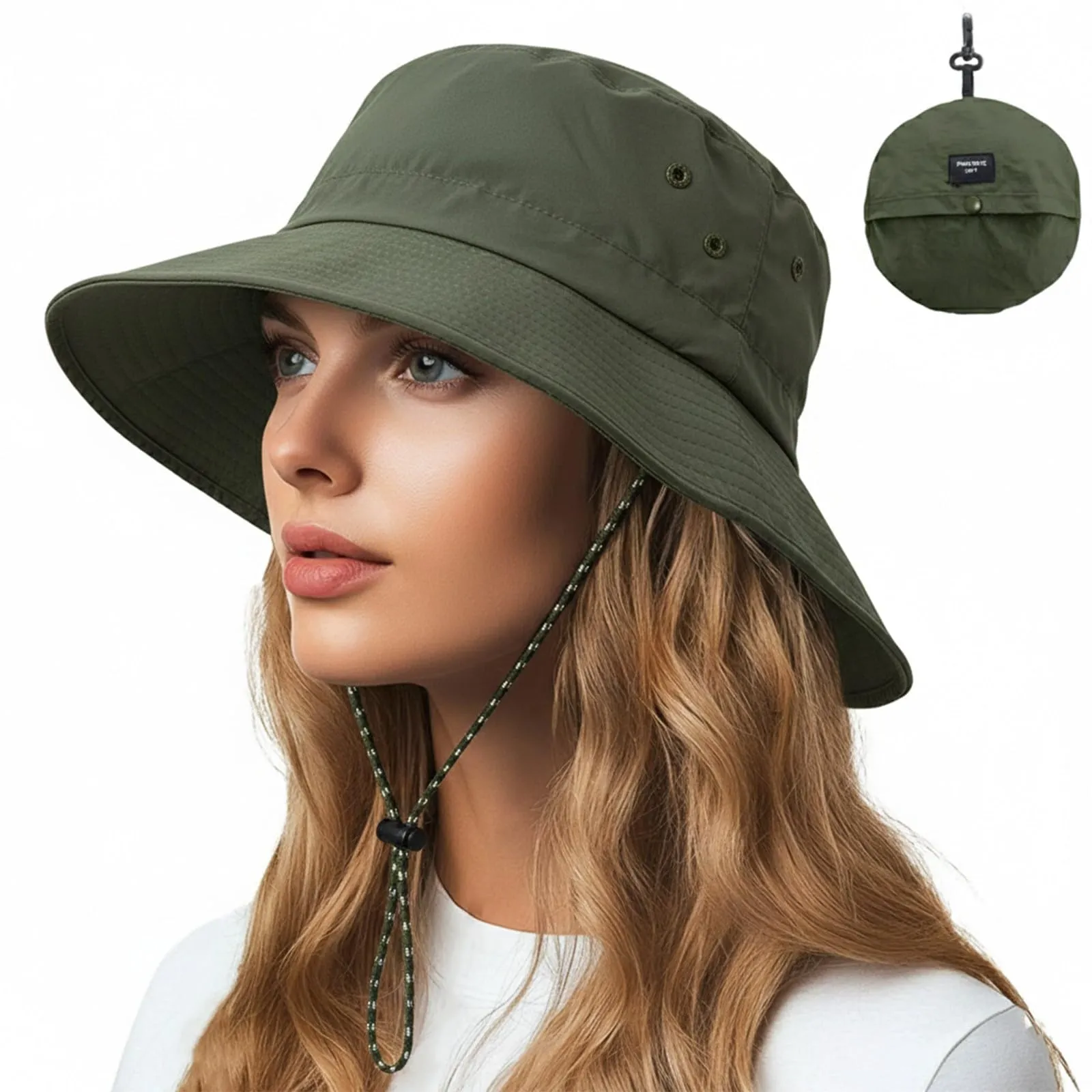 AIYVELU Cappello Safari Donna Bucket Hat Tesa Larga Impermeabile e Traspirante (Verde militare) - immagine 1