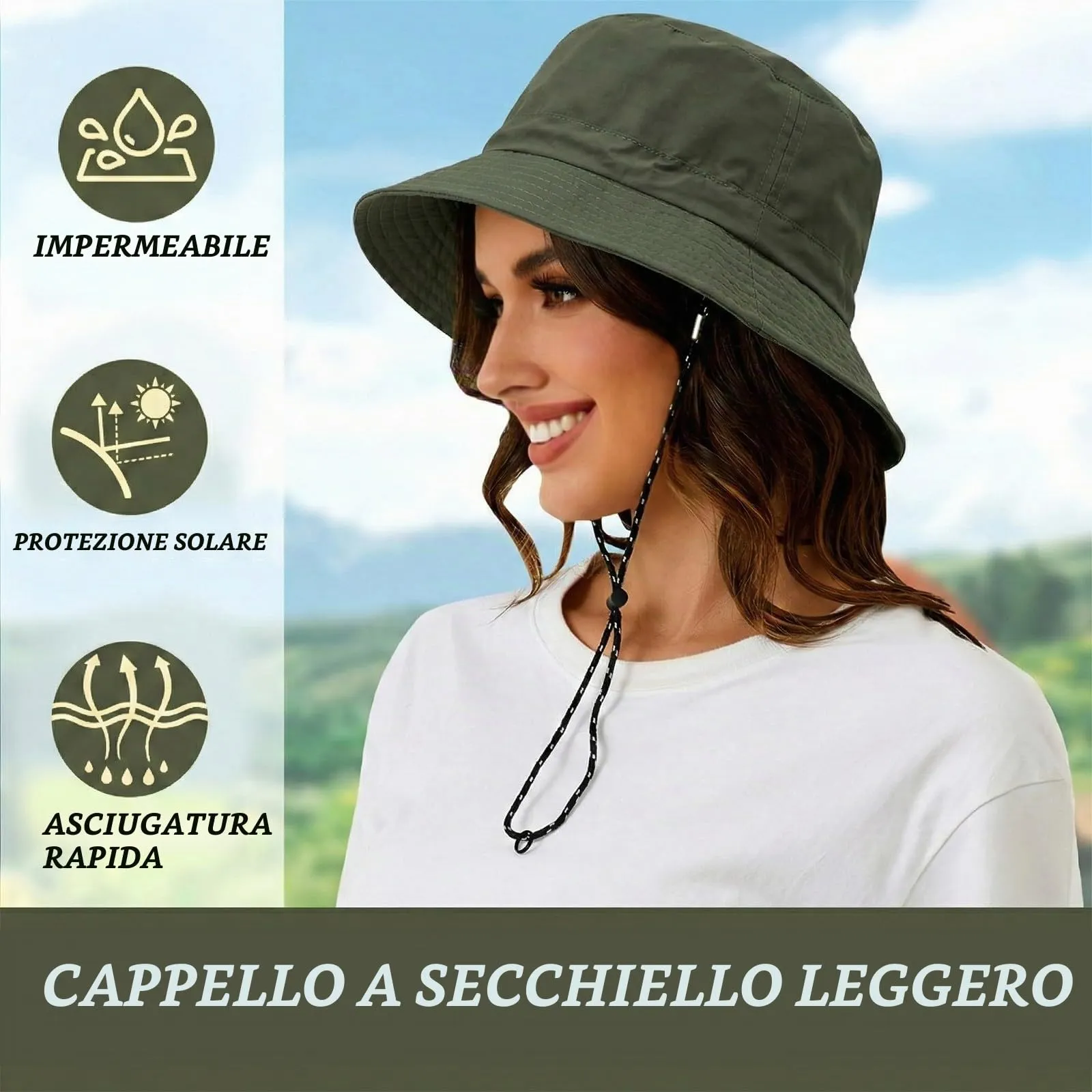 AIYVELU Cappello Safari Donna Bucket Hat Tesa Larga Impermeabile e Traspirante (Verde militare) - immagine 2