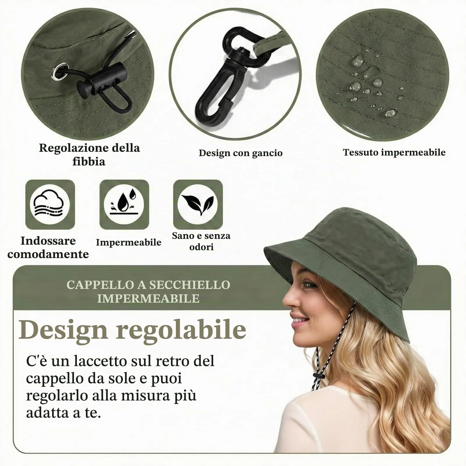 AIYVELU Cappello Safari Donna Bucket Hat Tesa Larga Impermeabile e Traspirante (Verde militare) - immagine 3
