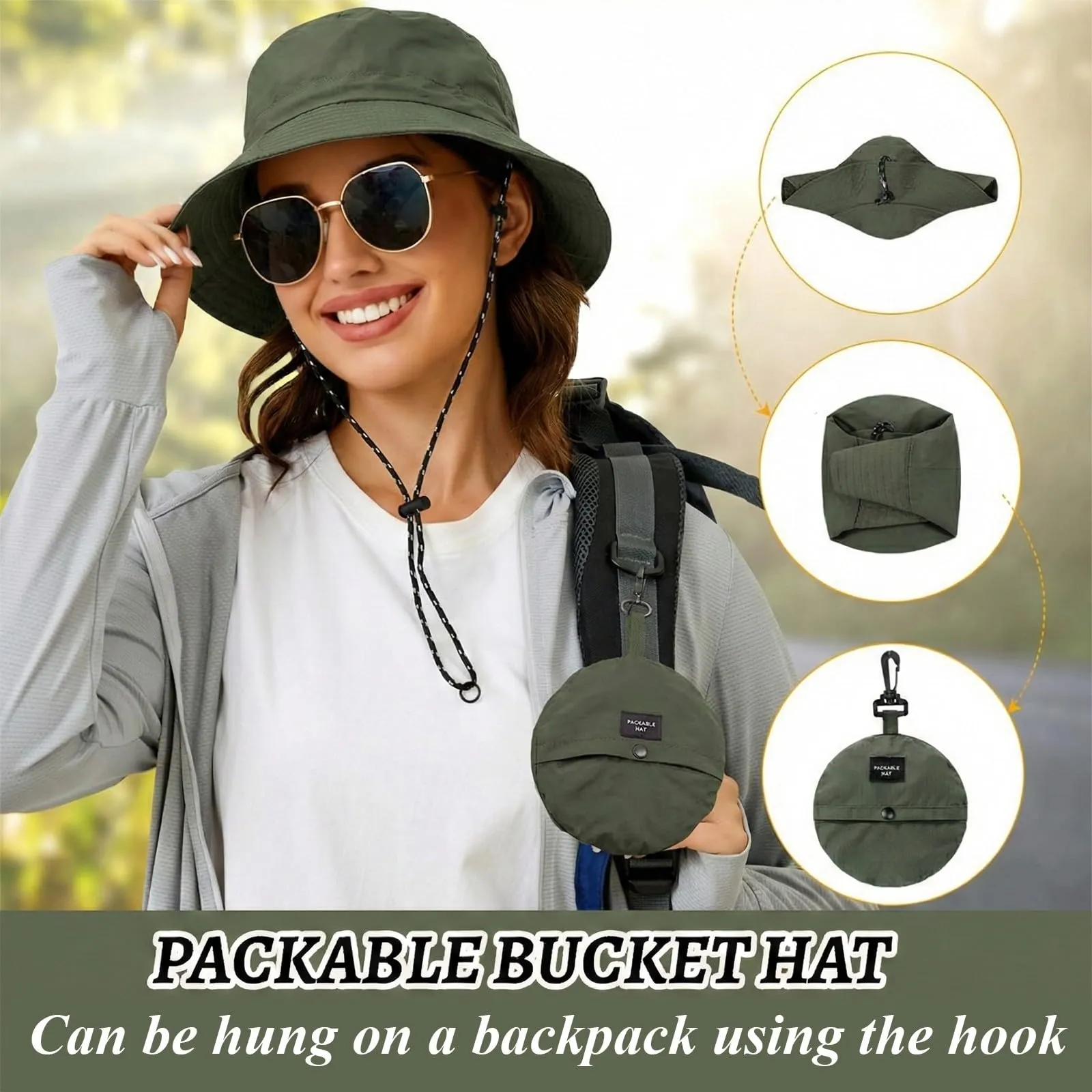 AIYVELU Cappello Safari Donna Bucket Hat Tesa Larga Impermeabile e Traspirante (Verde militare) - immagine 4