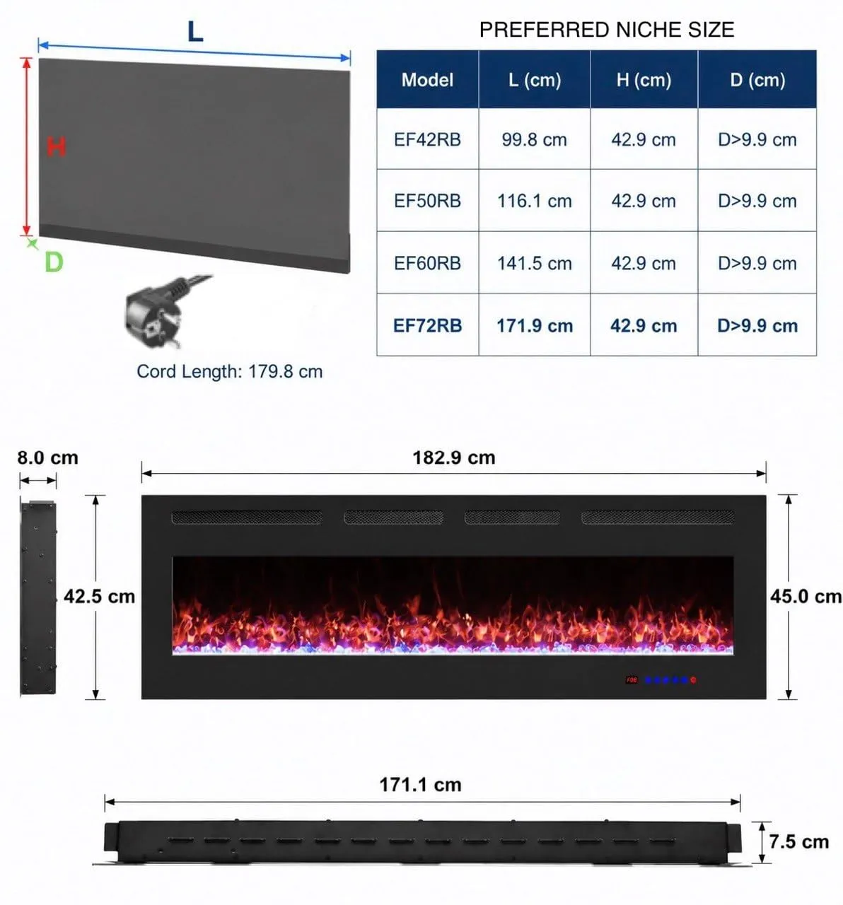 Weka Fireplace Camino Elettrico da Parete Wi-Fi, 183 cm, Riscaldatore 750/1500 W, Vetro Temperato, Telecomando e Touch Screen - immagine 2