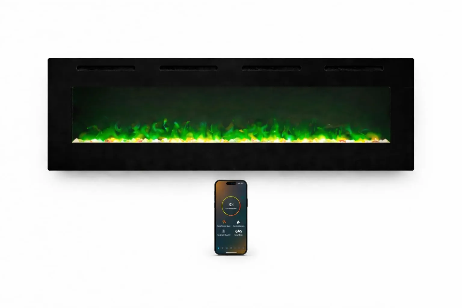 Weka Fireplace Camino Elettrico da Parete Wi-Fi, 183 cm, Riscaldatore 750/1500 W, Vetro Temperato, Telecomando e Touch Screen - immagine 6