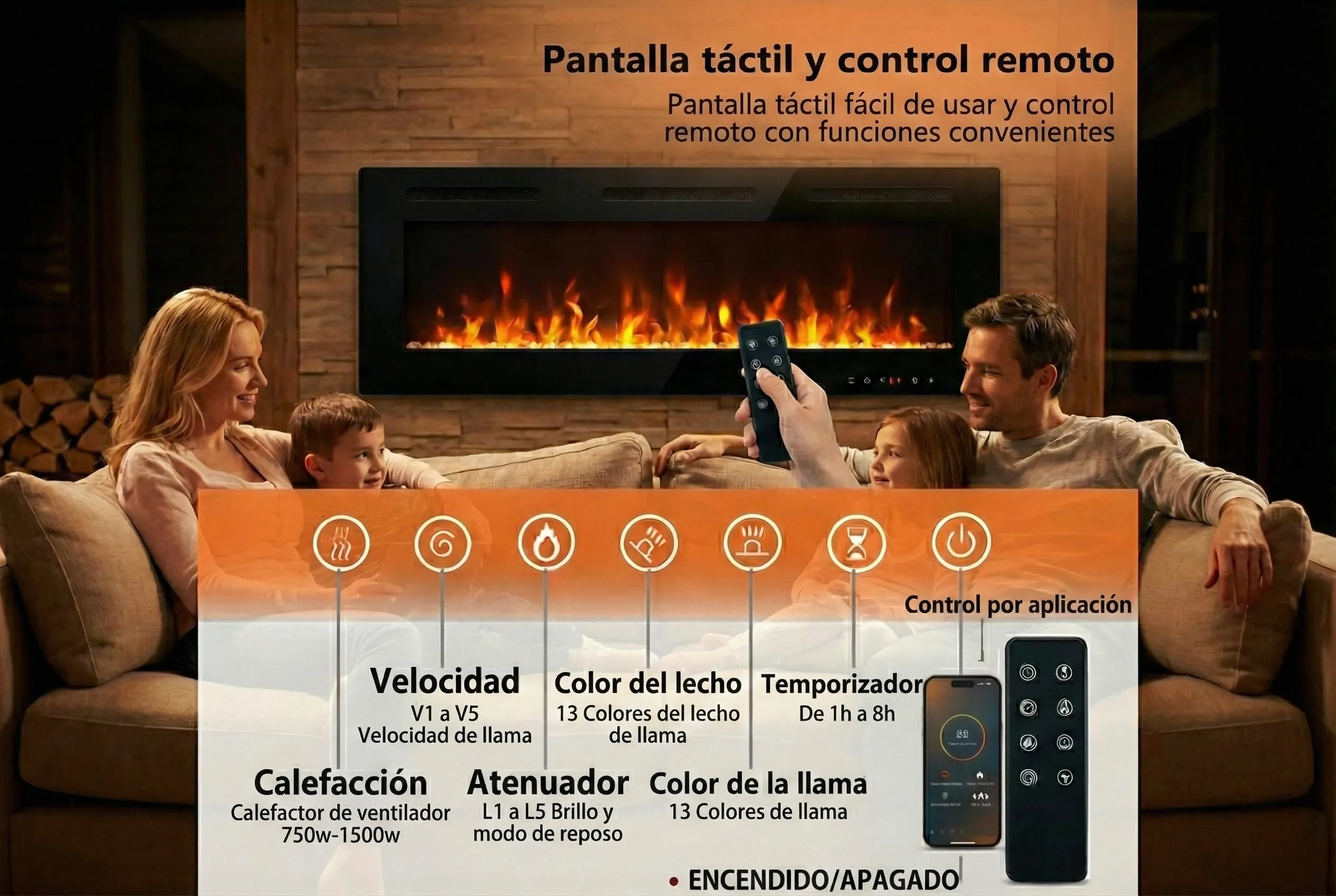 Weka Fireplace Camino Elettrico da Parete Wi-Fi, 183 cm, Riscaldatore 750/1500 W, Vetro Temperato, Telecomando e Touch Screen - immagine 7