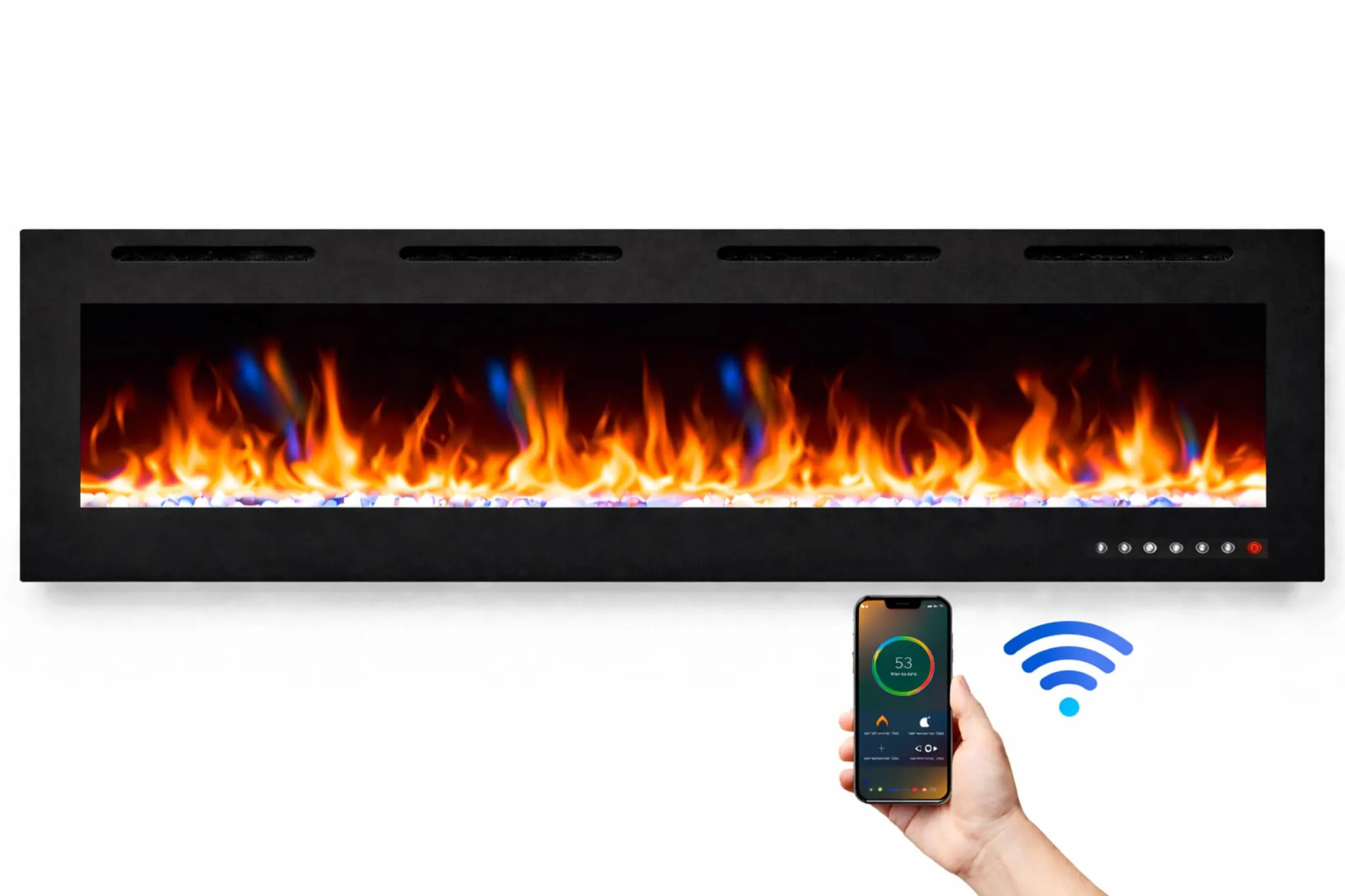 Weka Fireplace Camino Elettrico da Parete Wi-Fi, 183 cm, Riscaldatore 750/1500 W, Vetro Temperato, Telecomando e Touch Screen - immagine 8