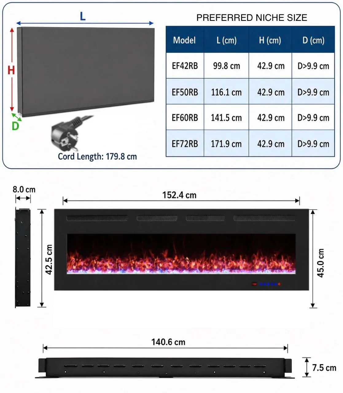 Weka Fireplace Camino Elettrico a Parete WiFi 152cm, 750/1500W EF60RB - immagine 2