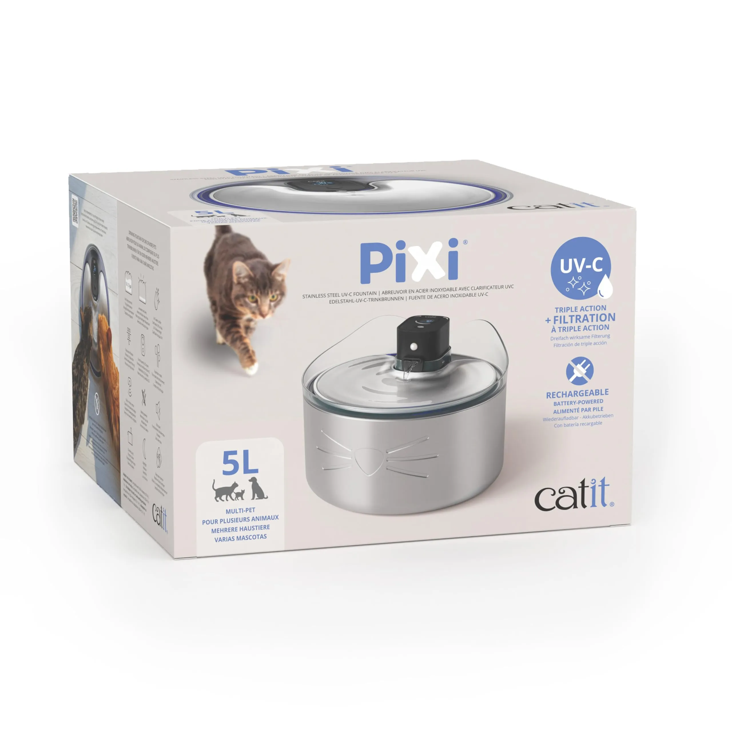 Catit Pixi Fontana per acqua senza fili XL in acciaio inossidabile con chiarificatore UVC e filtro a tripla azione - immagine 12