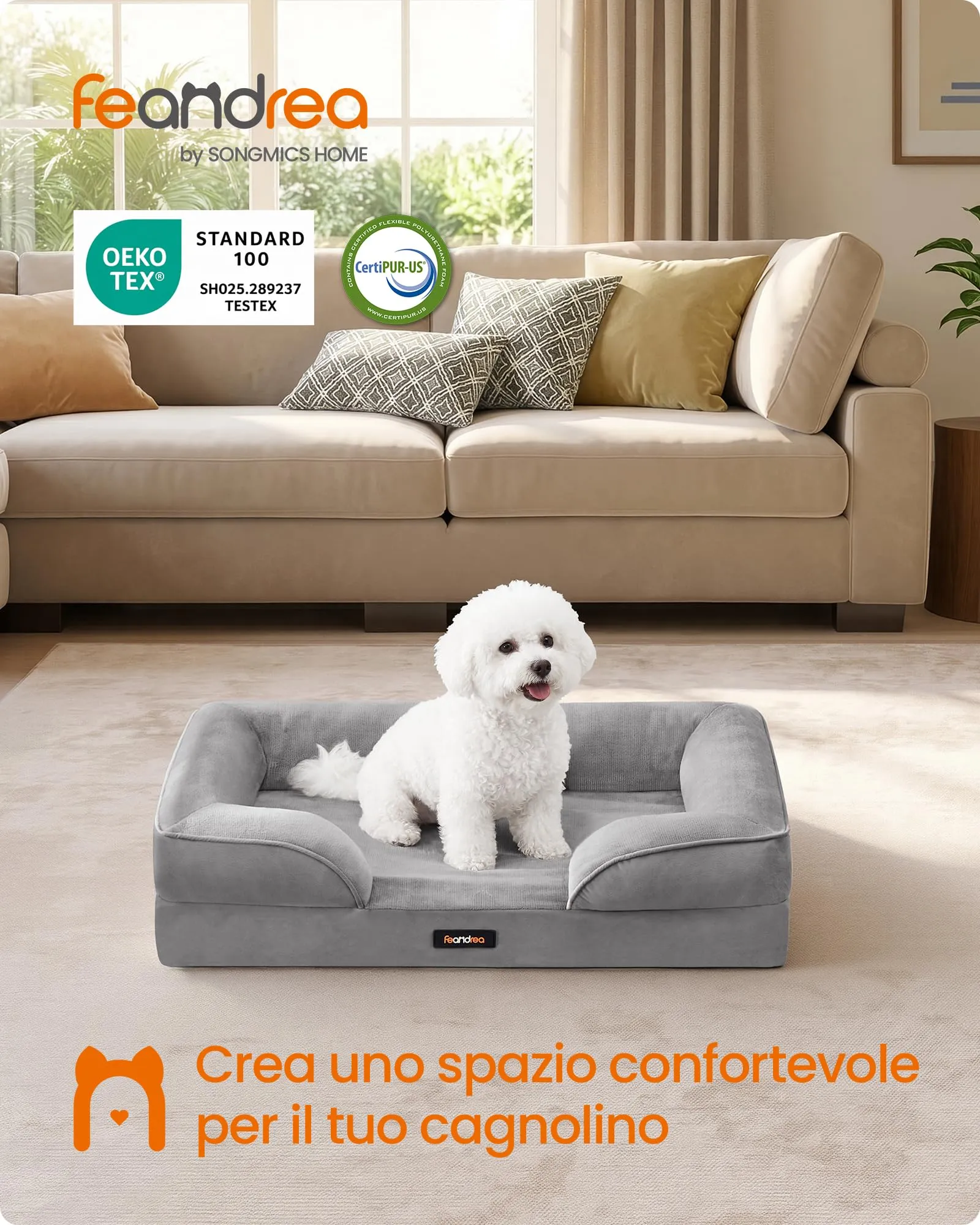 Feandrea Cuccia Ortopedica per Cani in Flanella, Grigio, 89 x 63 x 16 cm - immagine 2
