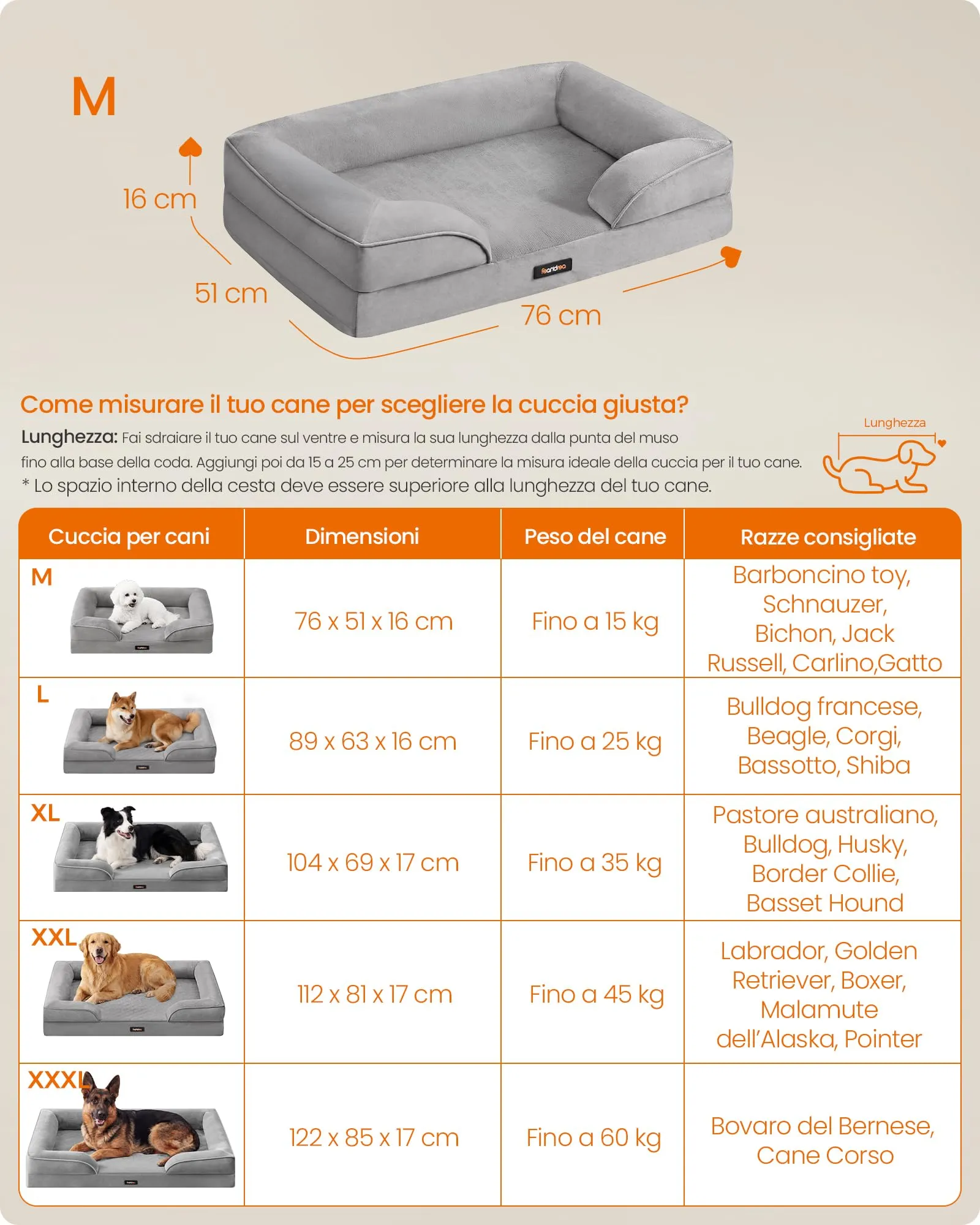 Feandrea Cuccia Ortopedica per Cani in Flanella, Grigio, 89 x 63 x 16 cm - immagine 5