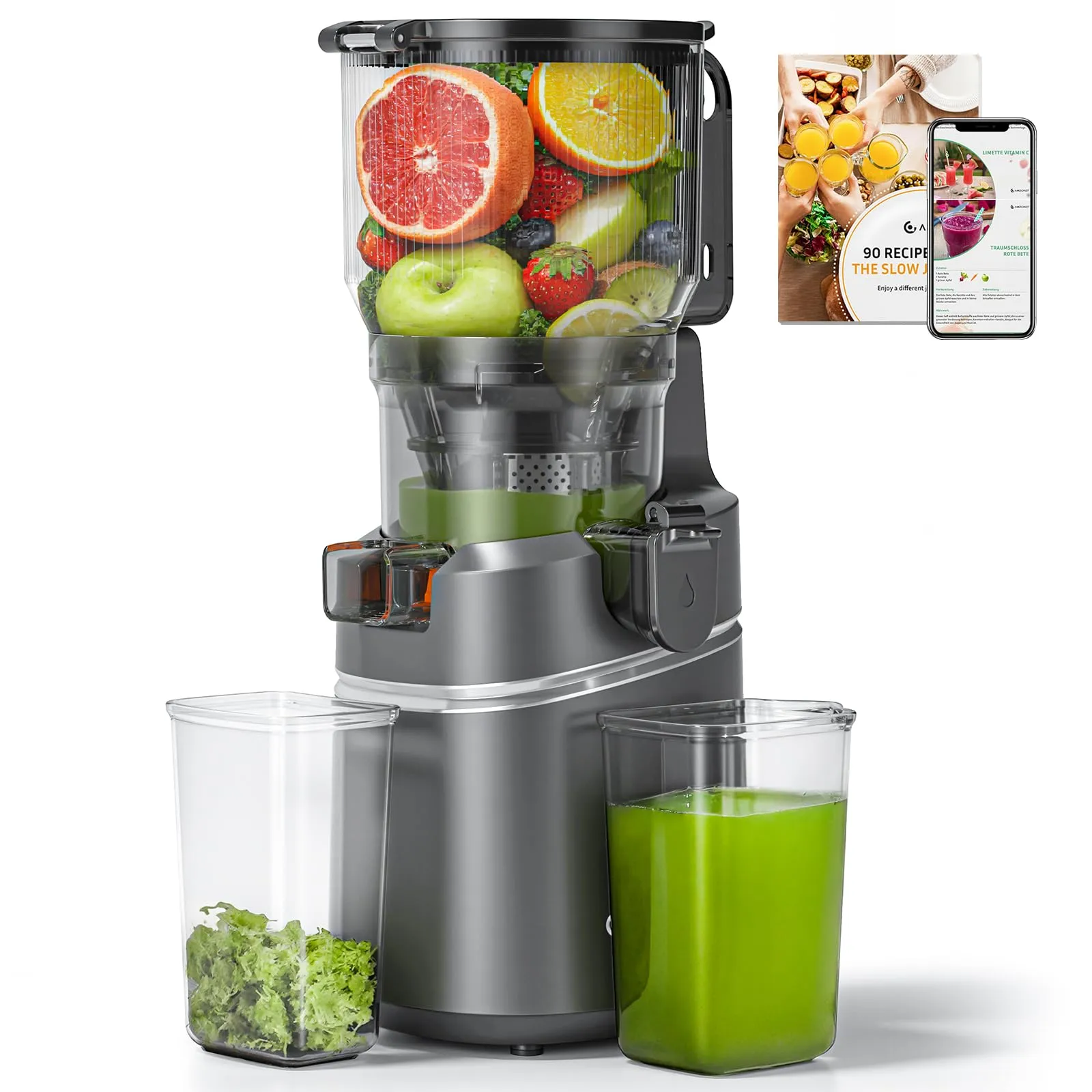 AMZCHEF Estrattore di Succo Lento SJ-036C, 250W, Apertura 150mm, Capacità 2L, Triplo Filtro, Grigio - immagine 1
