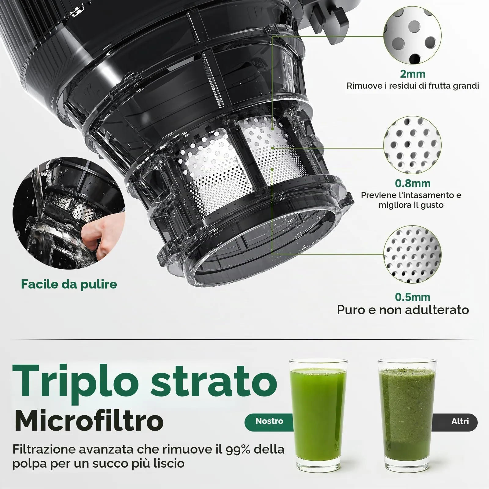 AMZCHEF Estrattore di Succo Lento SJ-036C, 250W, Apertura 150mm, Capacità 2L, Triplo Filtro, Grigio - immagine 4