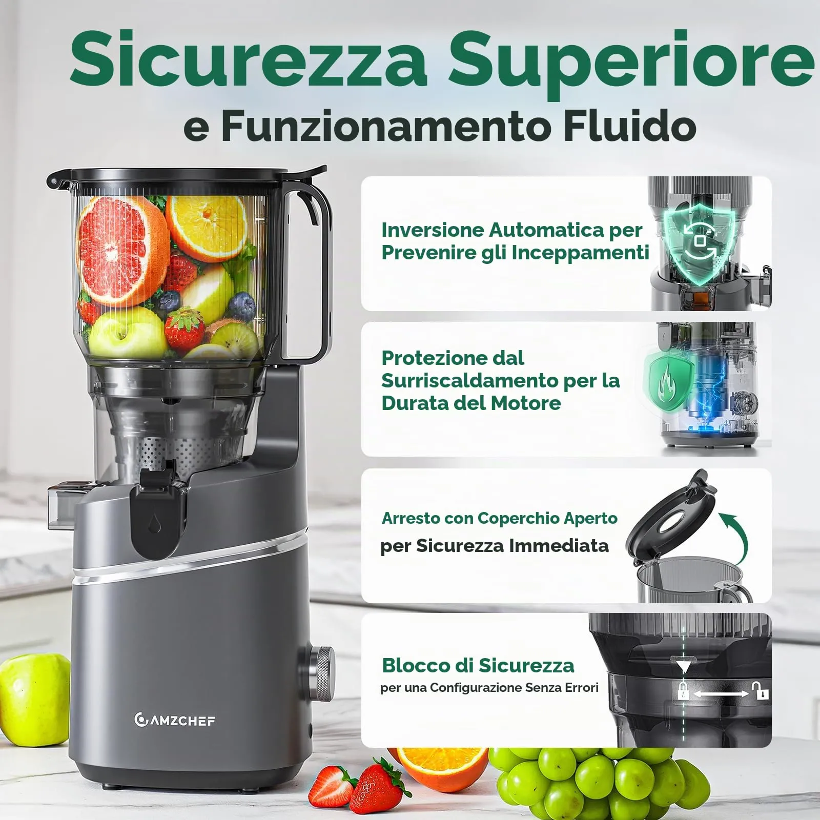 AMZCHEF Estrattore di Succo Lento SJ-036C, 250W, Apertura 150mm, Capacità 2L, Triplo Filtro, Grigio - immagine 9