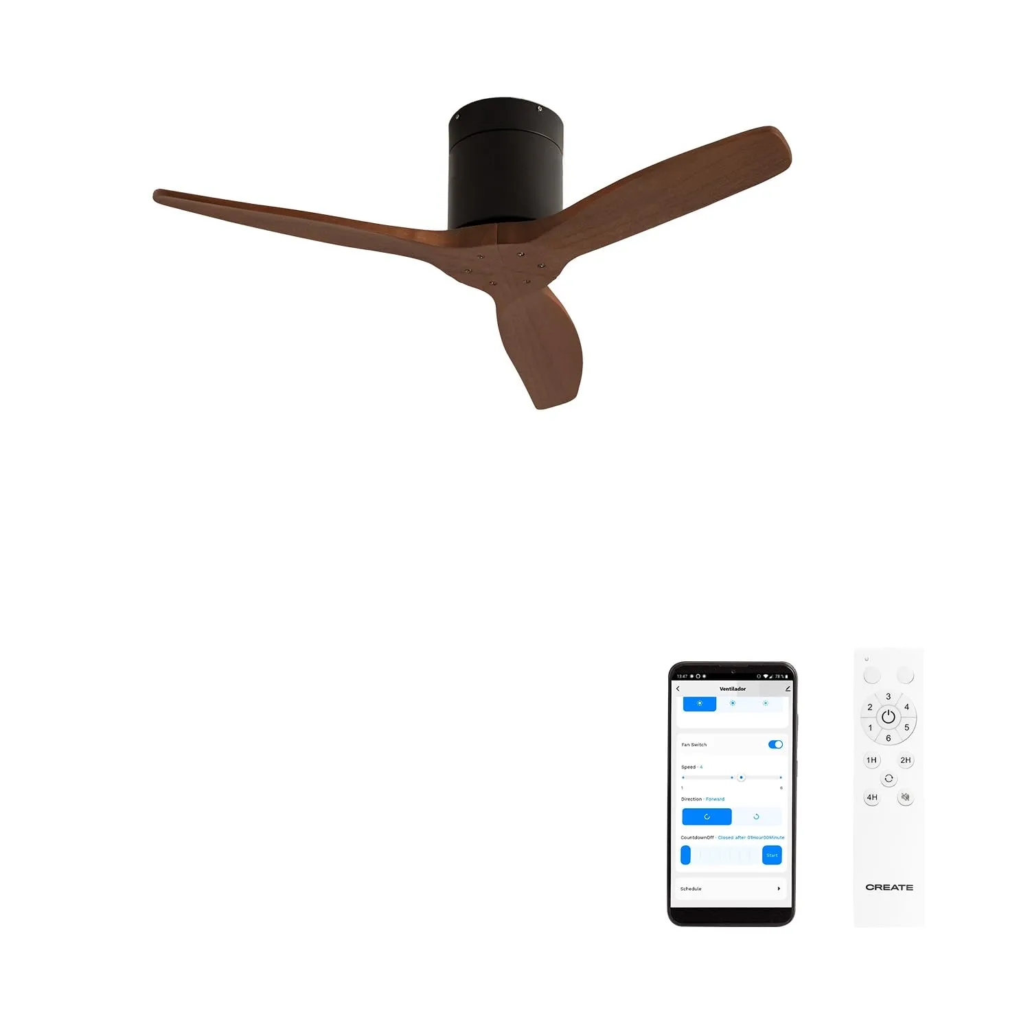 CREATE Windcalm Ventilatore da soffitto ABS nero pale effetto legno scuro con Wifi e telecomando, 40W, Ø112 cm, 6 velocità, temporizzatore, funzione estate-inverno - immagine 1