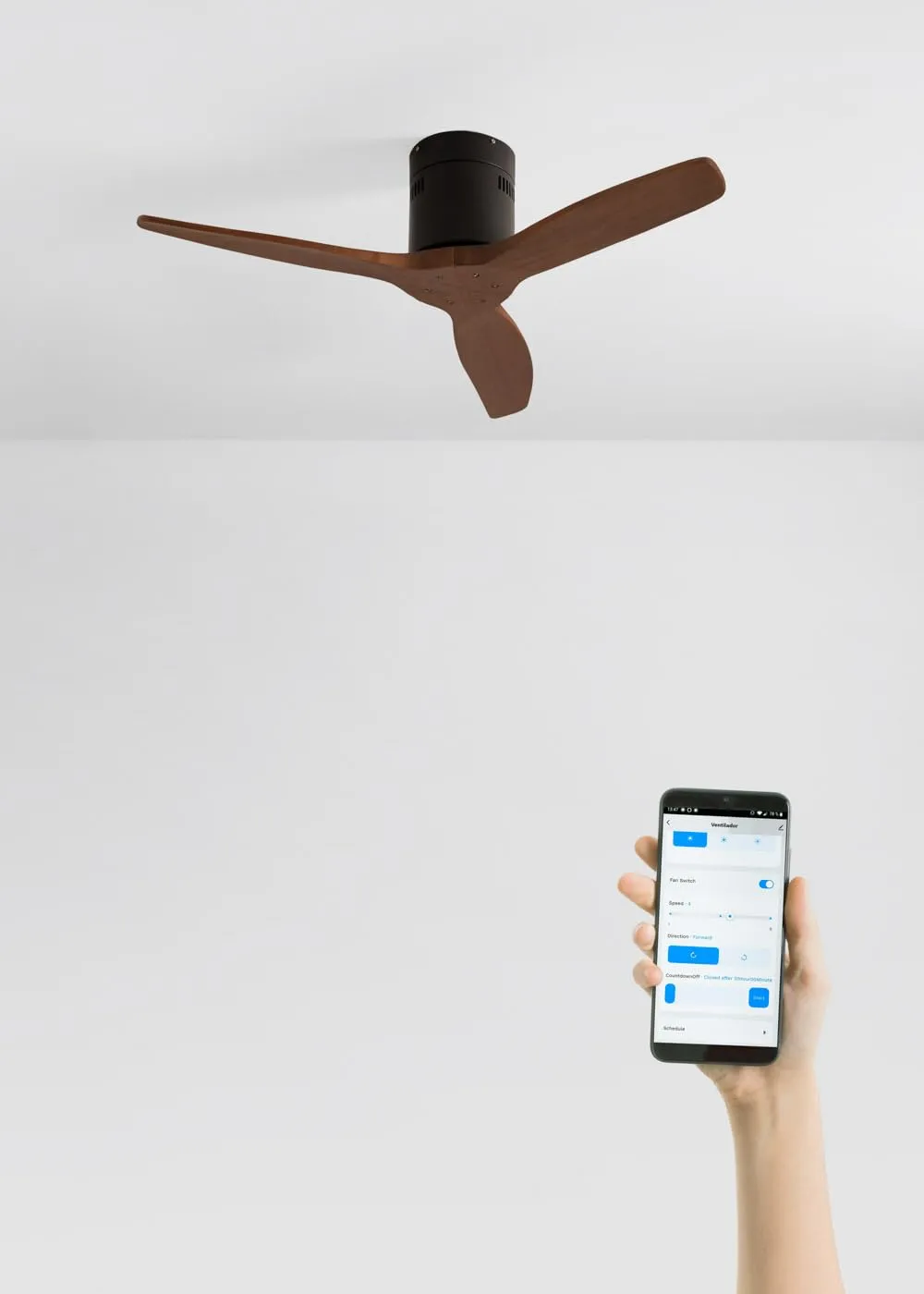 CREATE Windcalm Ventilatore da soffitto ABS nero pale effetto legno scuro con Wifi e telecomando, 40W, Ø112 cm, 6 velocità, temporizzatore, funzione estate-inverno - immagine 3