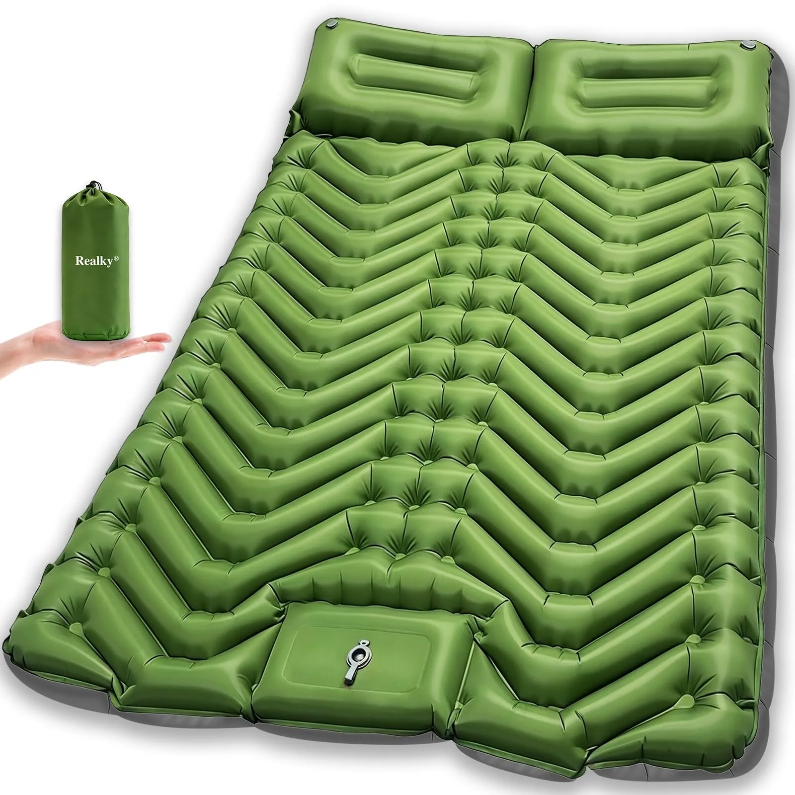 Realky Materassino da Campeggio Gonfiabile Doppio, 195 x 135 x 9 cm, con Pompa a Piedi, Impermeabile, Verde e Grigio - immagine 1