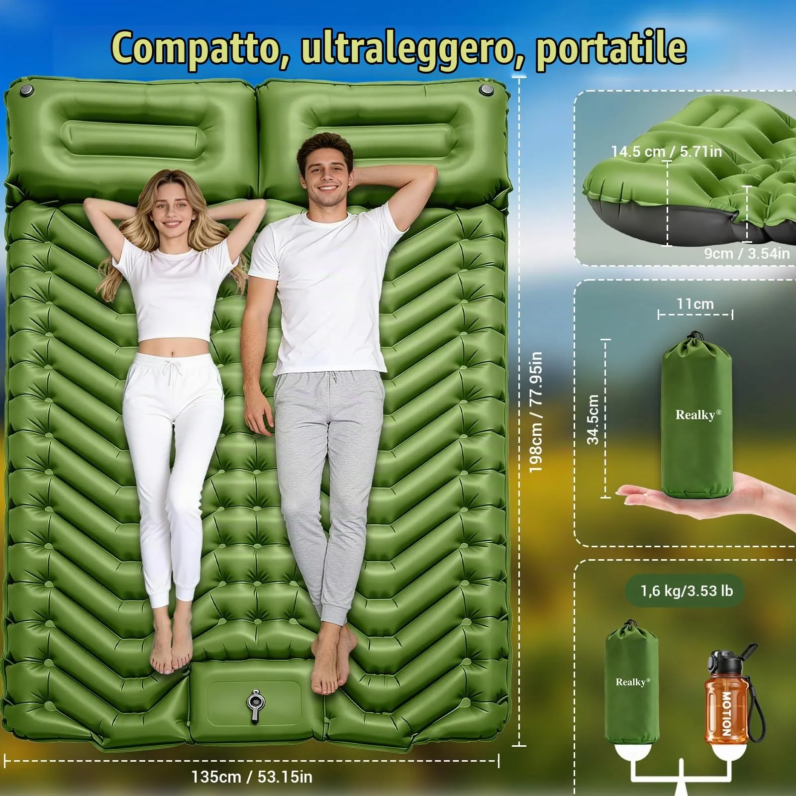 Realky Materassino da Campeggio Gonfiabile Doppio, 195 x 135 x 9 cm, con Pompa a Piedi, Impermeabile, Verde e Grigio - immagine 2
