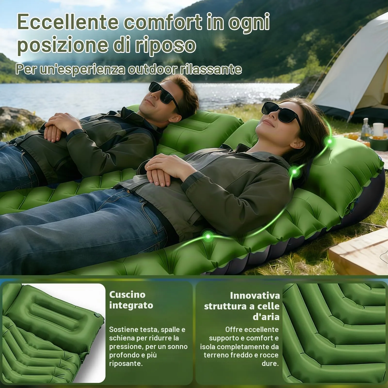 Realky Materassino da Campeggio Gonfiabile Doppio, 195 x 135 x 9 cm, con Pompa a Piedi, Impermeabile, Verde e Grigio - immagine 5