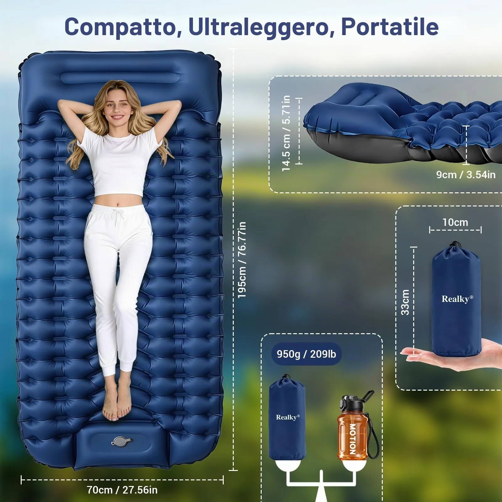 Realky Materassino Gonfiabile da Campeggio Ultraleggero con Pompa a Piedi, 195 x 70 x 9 cm - immagine 2