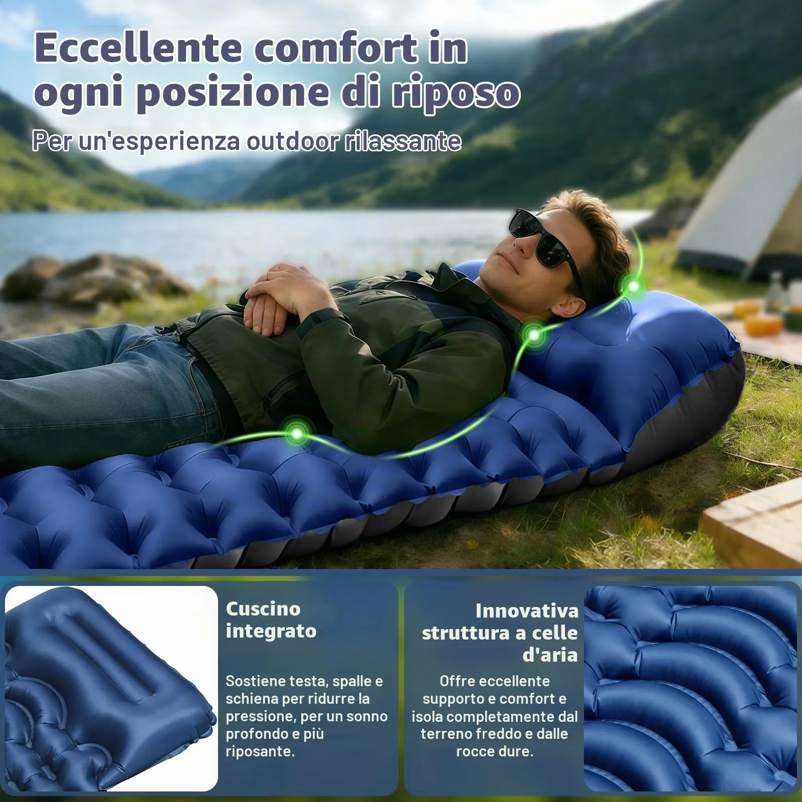 Realky Materassino Gonfiabile da Campeggio Ultraleggero con Pompa a Piedi, 195 x 70 x 9 cm - immagine 5