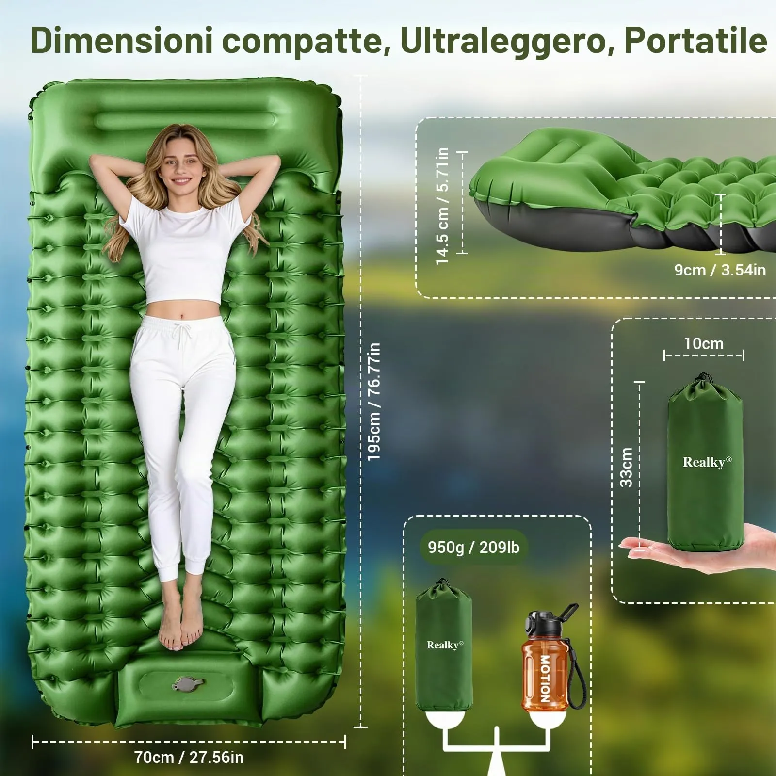 Realky Materassino da Campeggio Gonfiabile Ultraleggero con Pompa a Piedi, 195 x 70 x 9 cm, Impermeabile - immagine 2