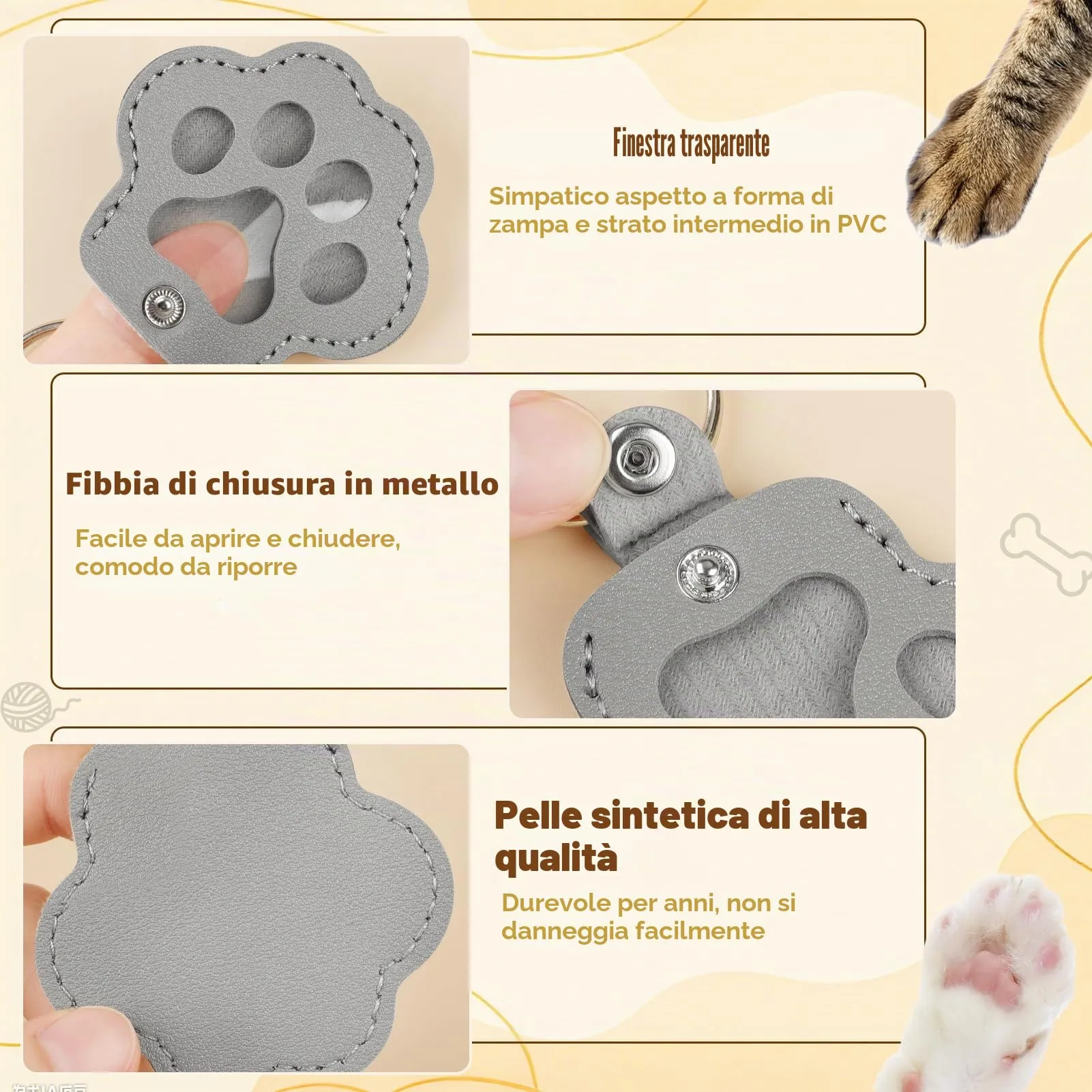Kiiwah Portachiavi a Forma di Zampa per Raccoglitore di Peli di Animali, 2 Pezzi (Nero + Grigio) - immagine 4