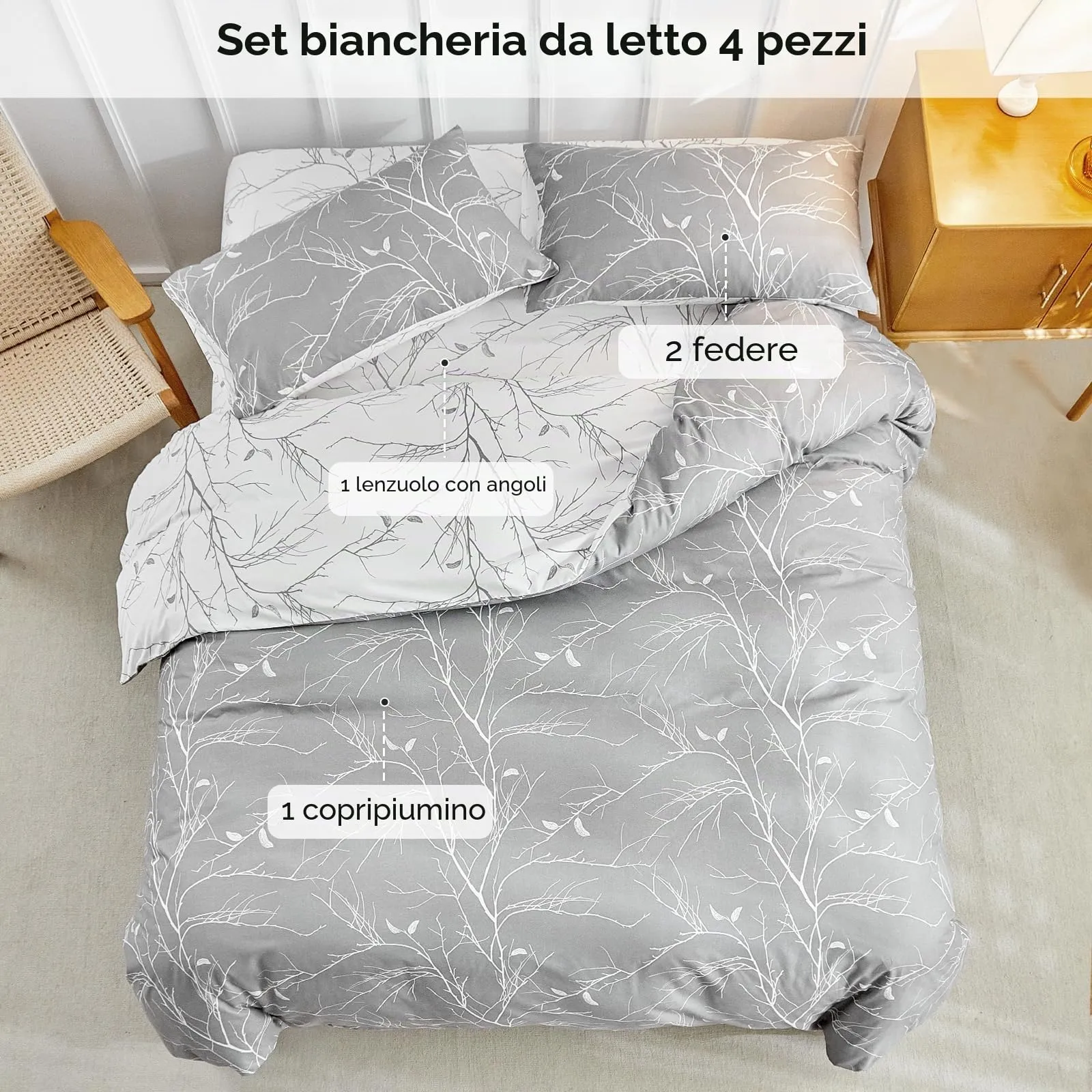 Tokokimo Set Copripiumino Matrimoniale 4 Pezzi, Microfibra 240x220 cm con Lenzuolo con Angoli 160x200+35 cm e 2 Federe 50x80 cm, Motivo Rami e Foglie, Grigio - immagine 2