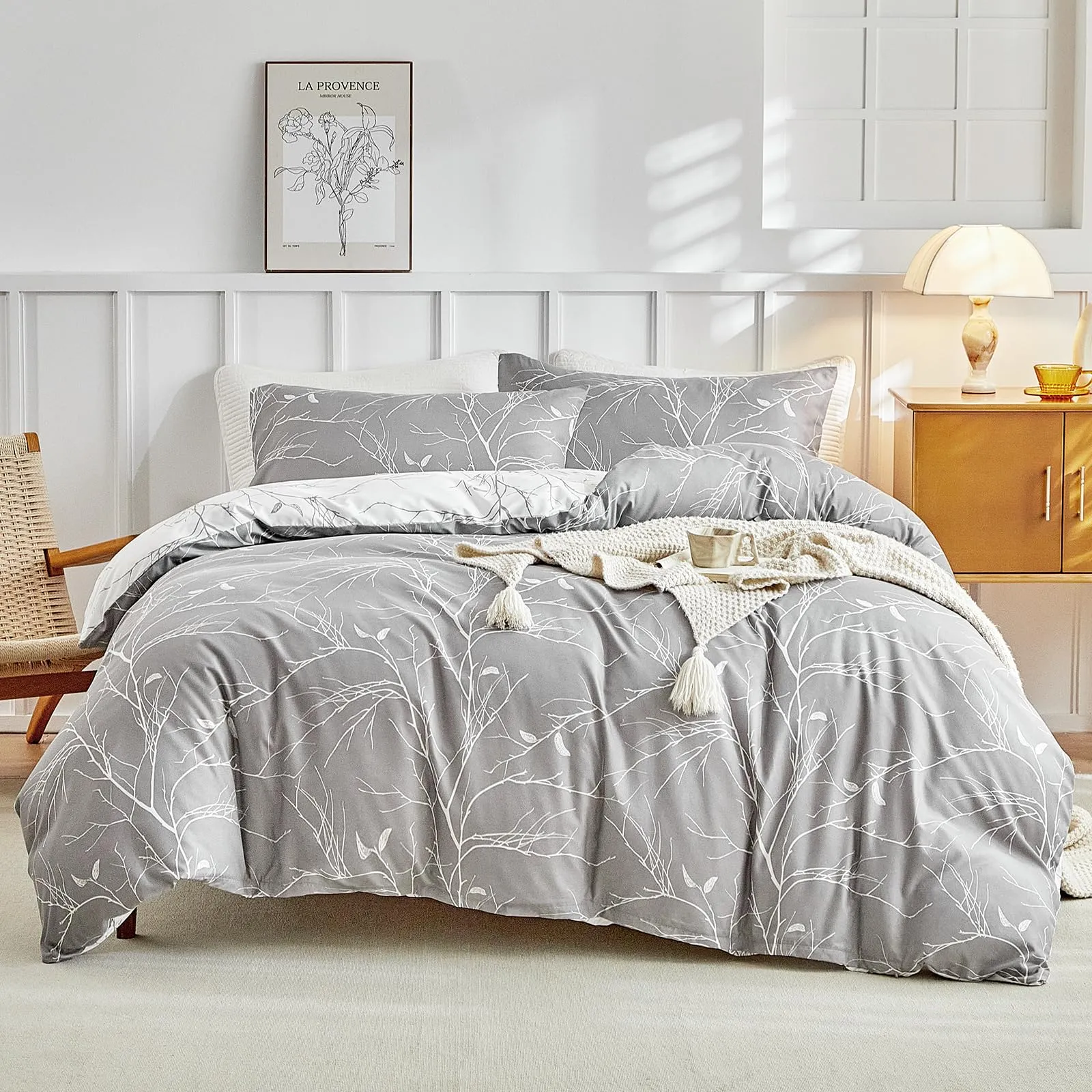 Tokokimo Set Copripiumino Matrimoniale 4 Pezzi, Microfibra 240x220 cm con Lenzuolo con Angoli 160x200+35 cm e 2 Federe 50x80 cm, Motivo Rami e Foglie, Grigio - immagine 3