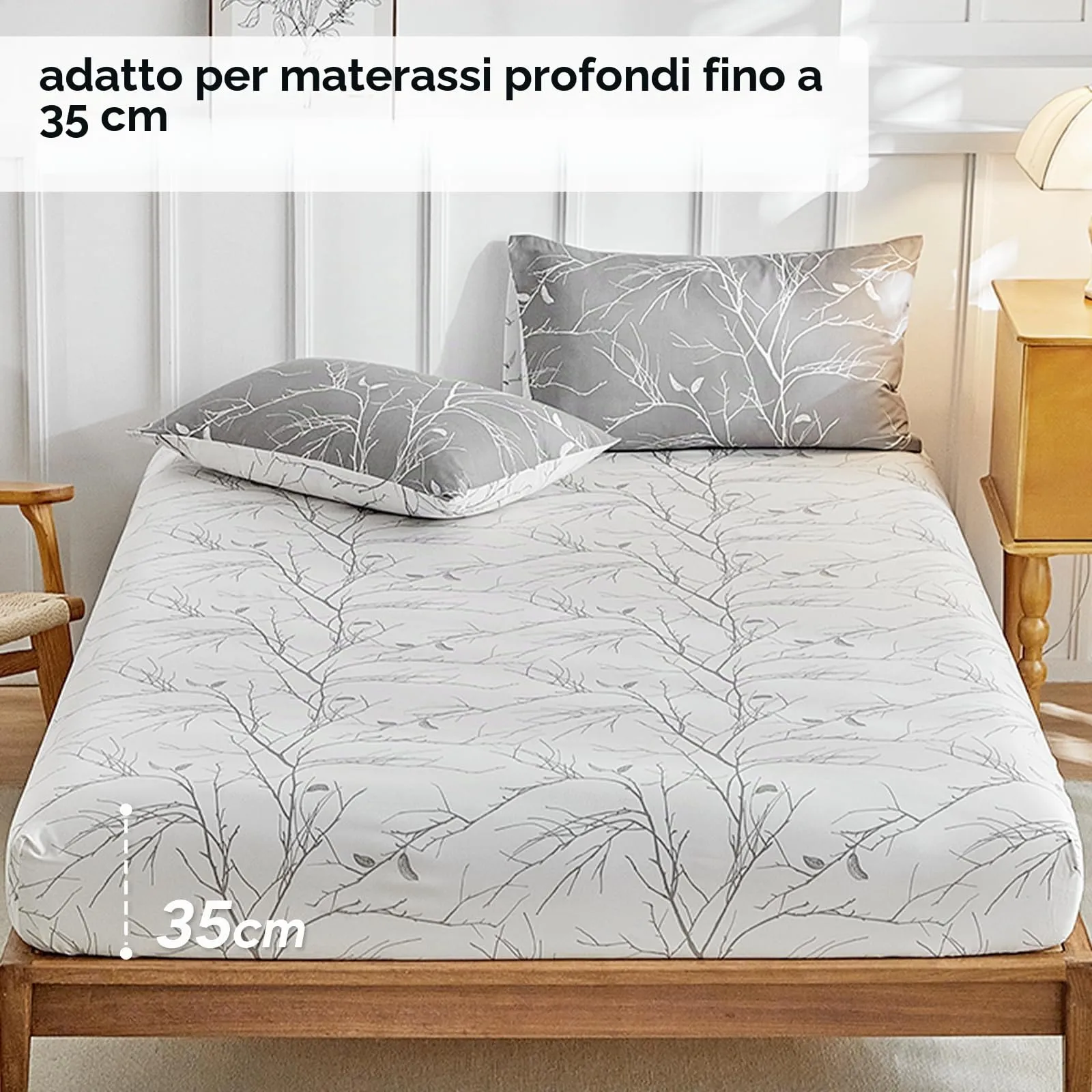 Tokokimo Set Copripiumino Matrimoniale 4 Pezzi, Microfibra 240x220 cm con Lenzuolo con Angoli 160x200+35 cm e 2 Federe 50x80 cm, Motivo Rami e Foglie, Grigio - immagine 4