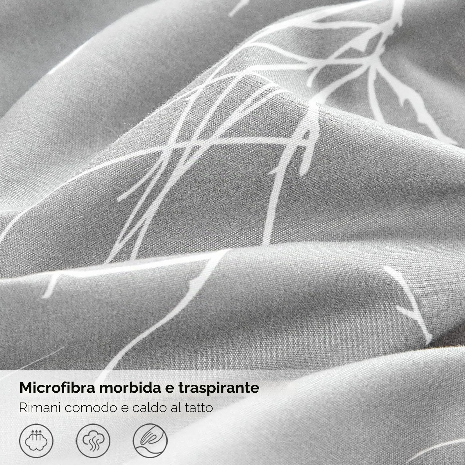 Tokokimo Set Copripiumino Matrimoniale 4 Pezzi, Microfibra 240x220 cm con Lenzuolo con Angoli 160x200+35 cm e 2 Federe 50x80 cm, Motivo Rami e Foglie, Grigio - immagine 5